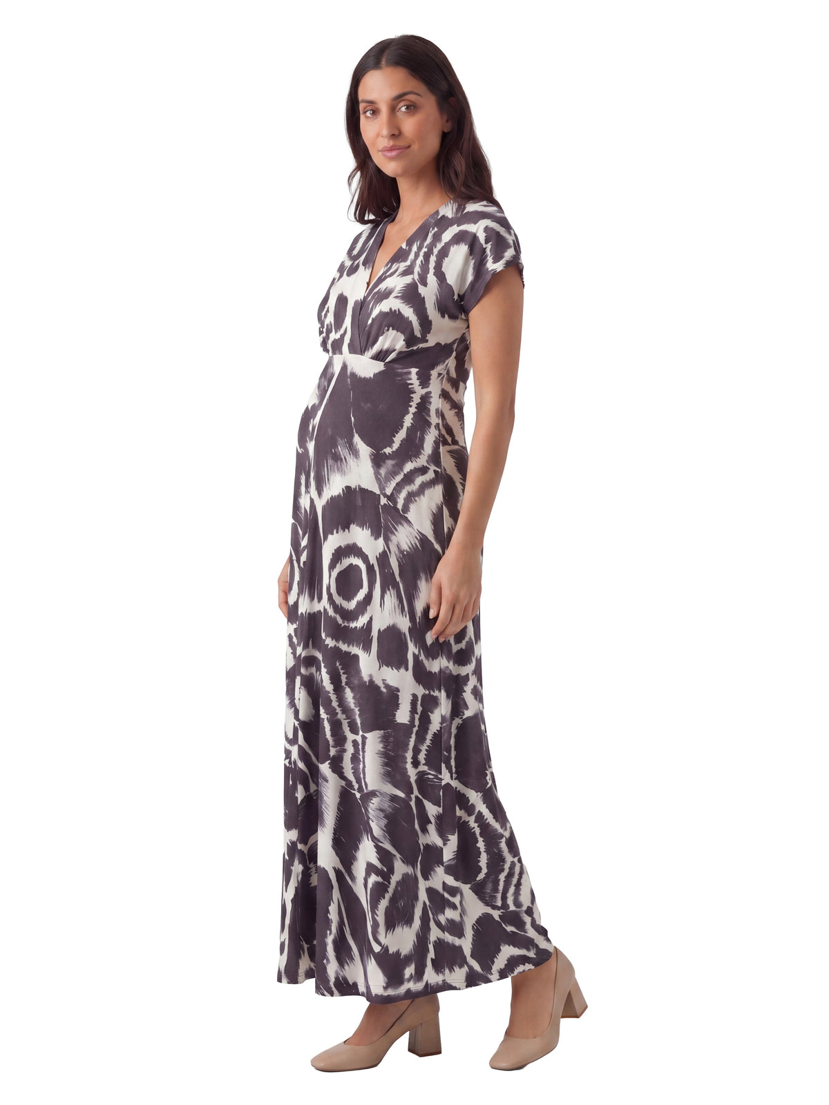 24seven Comfort Essential Maternity Abstract V Neck Empire Waist Cap Sleeve Maxi Dress
