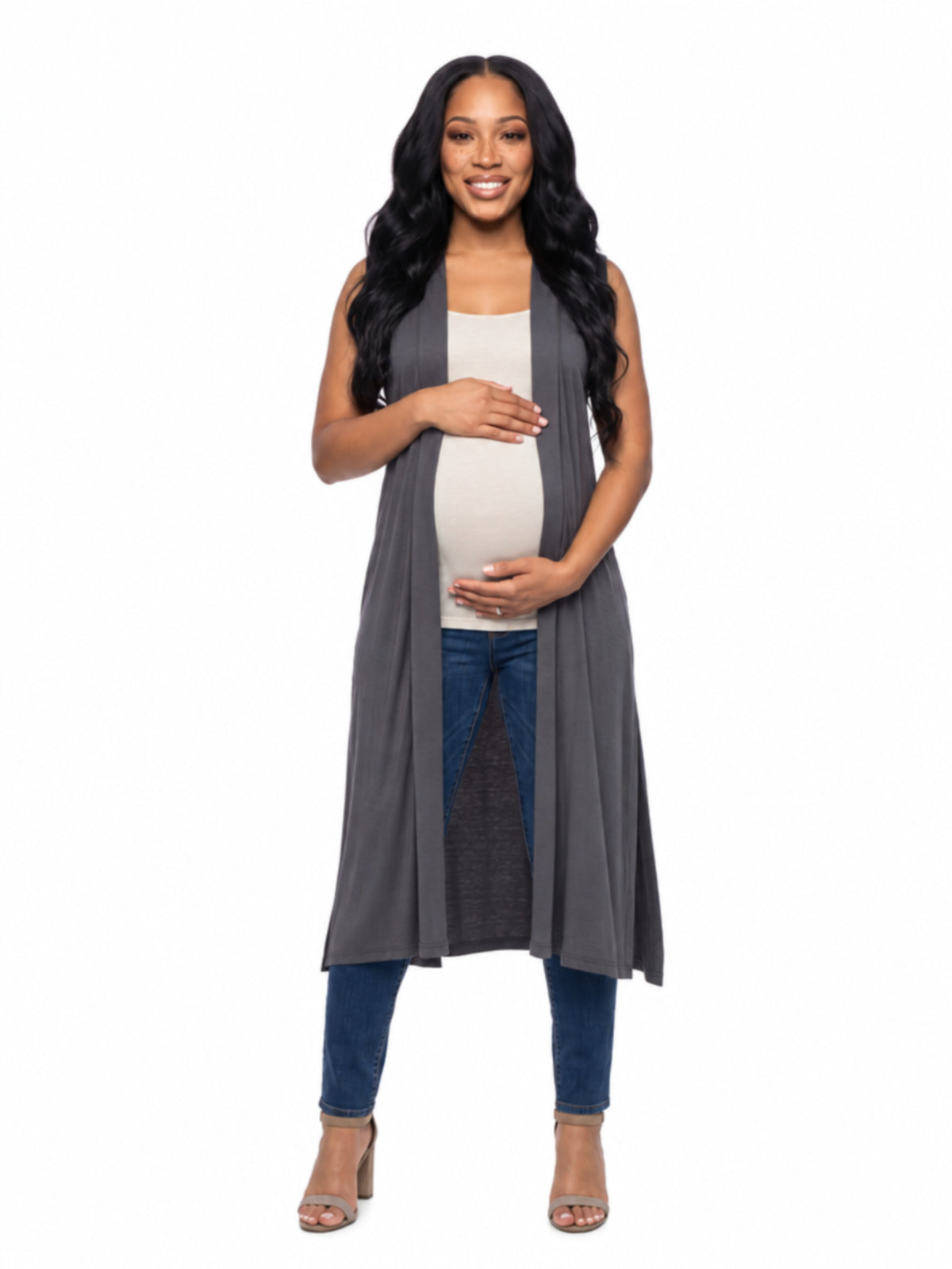 24seven Comfort Basic Maternity Sleeveless Open Front Side Slit Extra Long Jacket