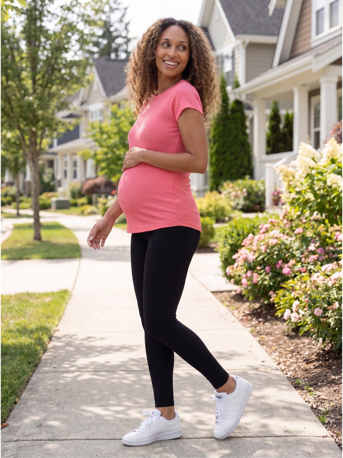24seven Comfort Basic Maternity Ribbed Knit Round Neck Short Sleeve Top
