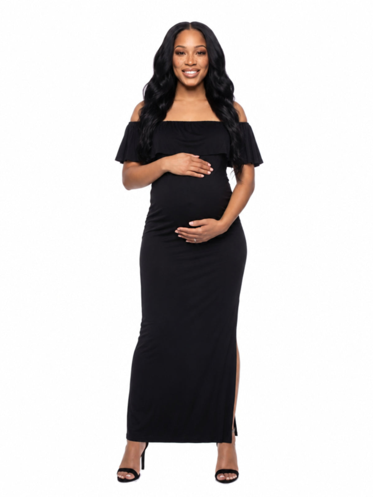 24seven Comfort Essential Maternity Off Shoulder Ruffle Detail Side Slit Maxi Dress