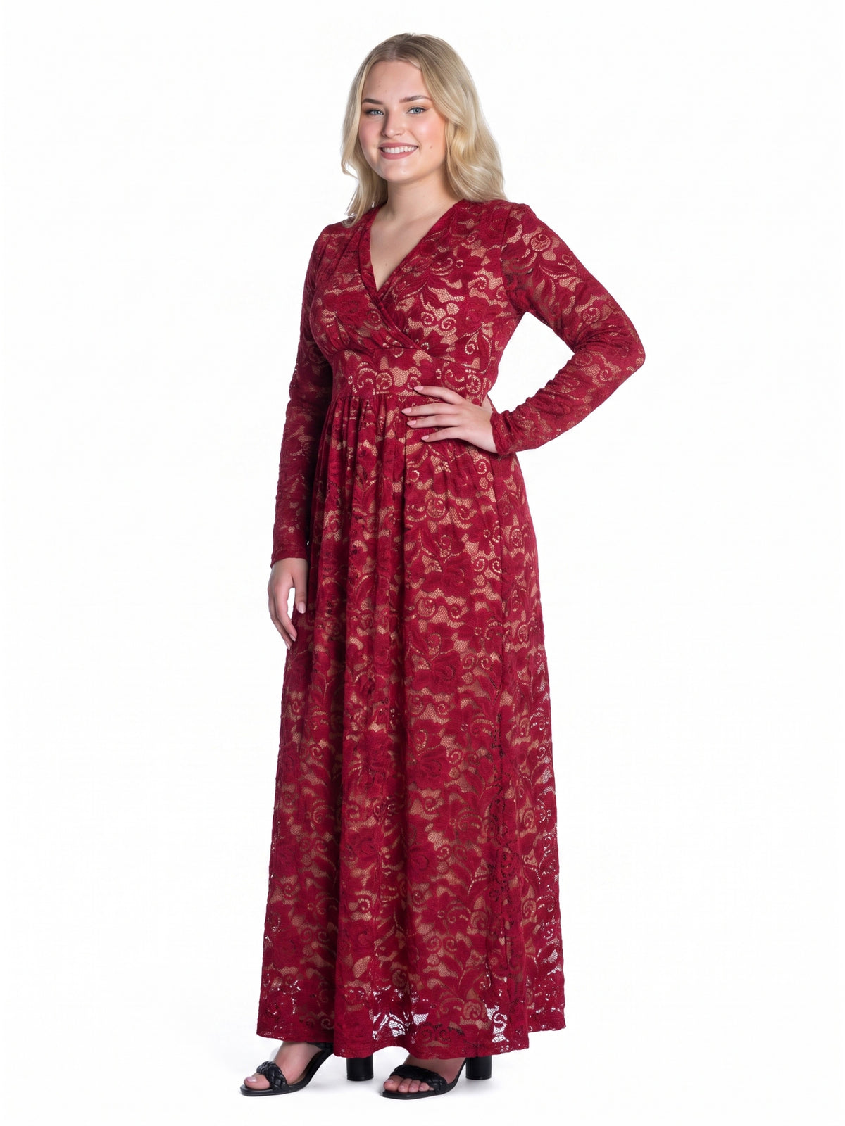 24seven Comfort Elevate Curvy Elegant V Neck Long Sleeve Floral Lace Dress