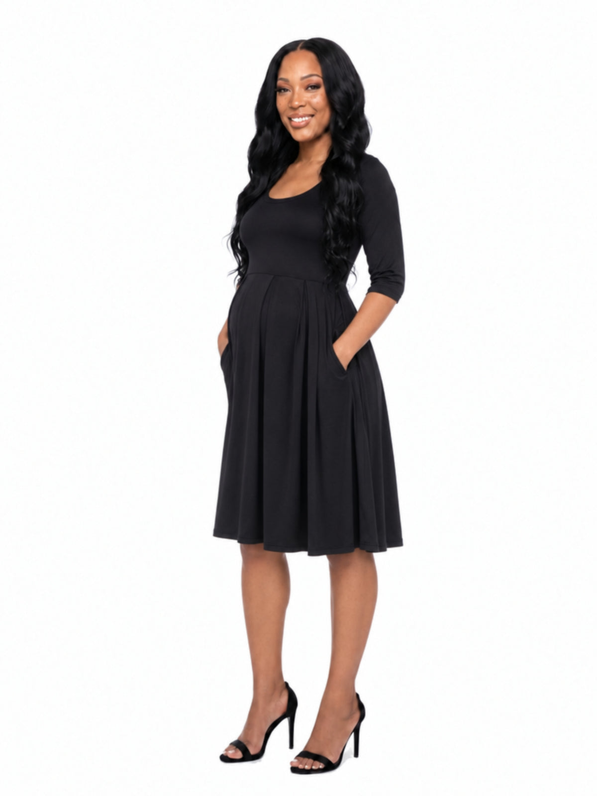 24seven Comfort Essential Maternity Scoop Neck Three Quarter Sleeve Pleated Fit N Flare Pocket Mini Dress