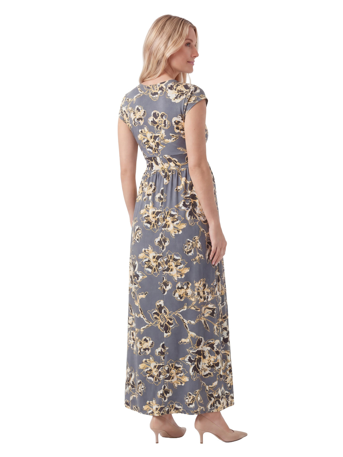 24seven Comfort Essential Maternity Floral V Neck Cap Sleeve Side Slit Pocket Maxi Dress