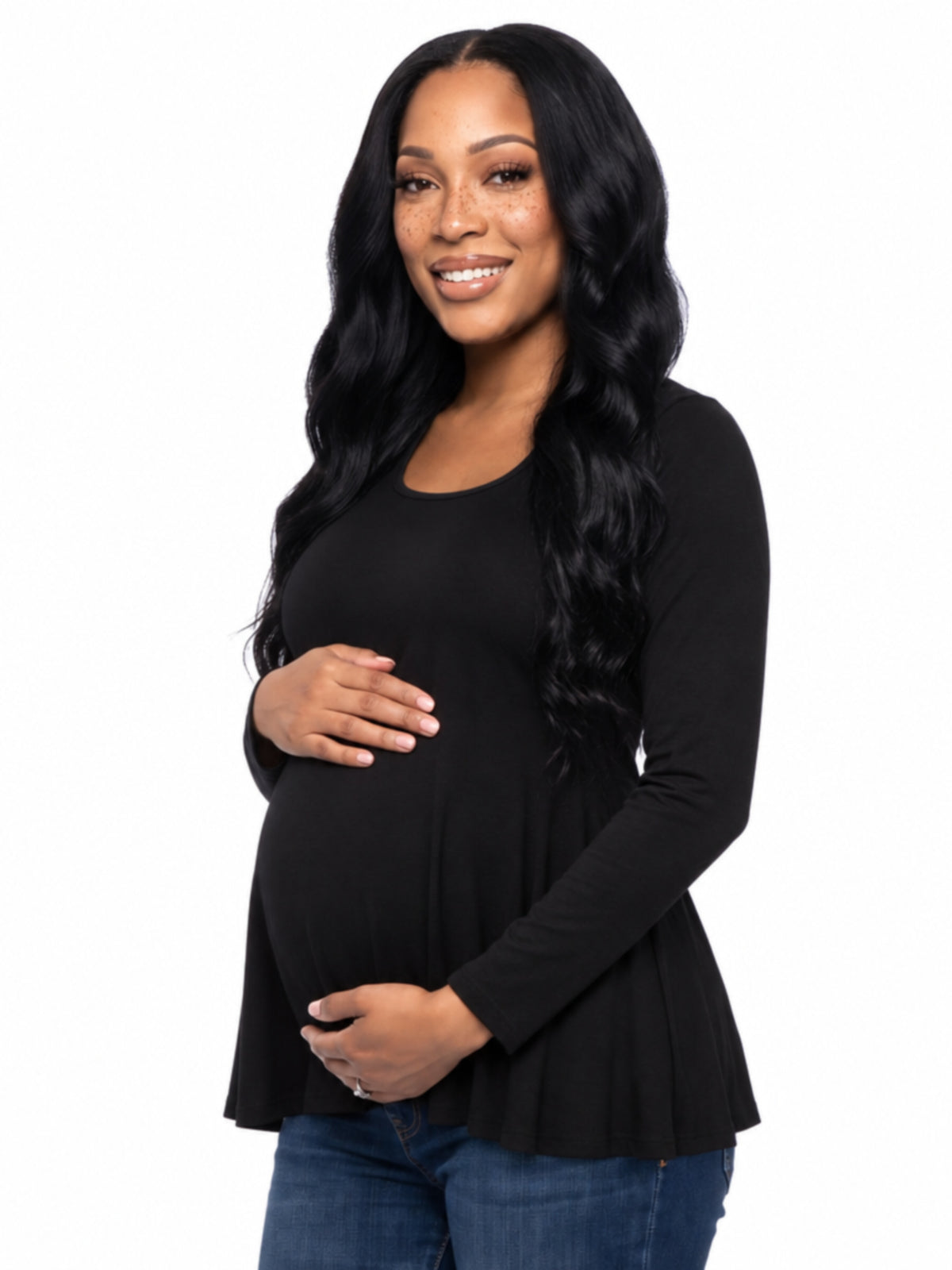 24seven Comfort Basic Maternity Long Sleeve Scoop Neck Swing Style Soft Flare Tunic Top