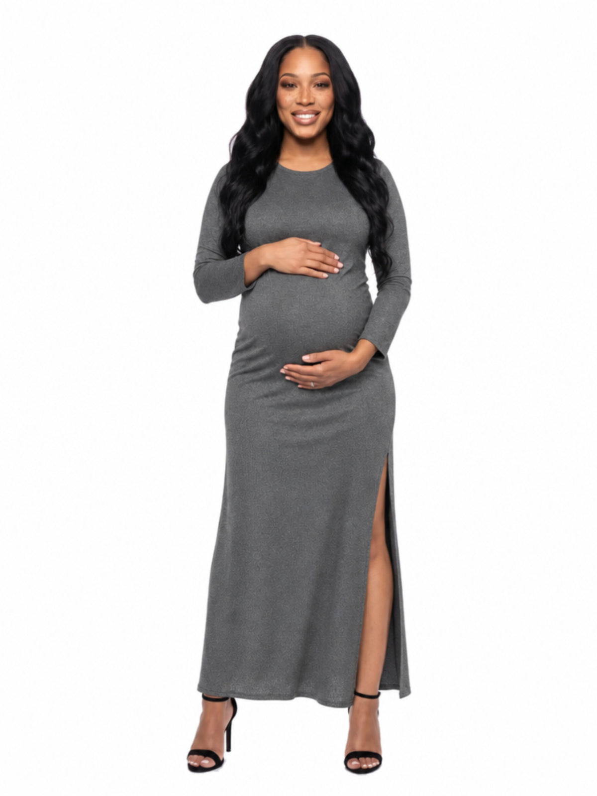 24seven Comfort Essential Maternity Long Sleeve Side Slit Fitted Black Maxi Dress