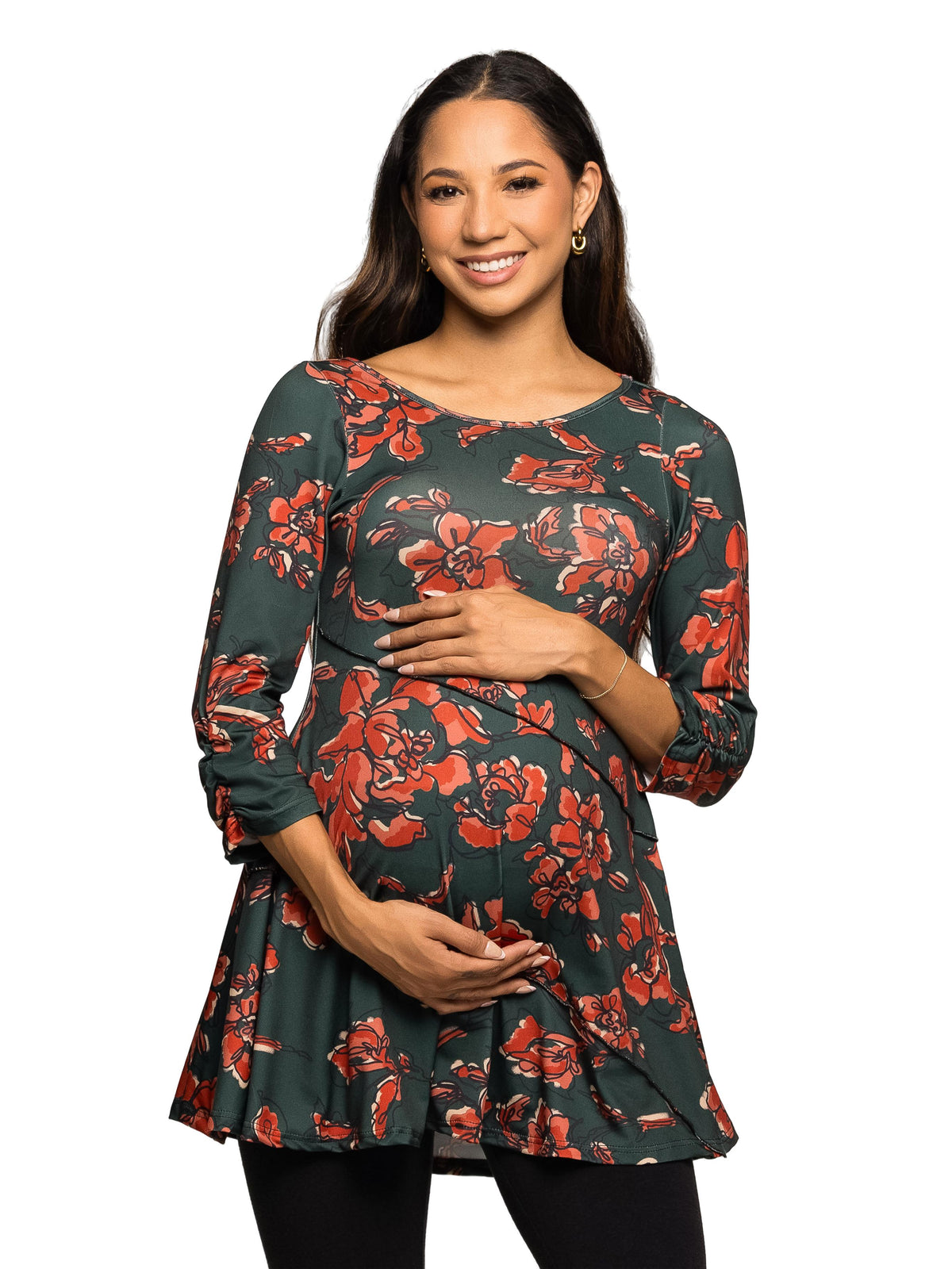 24seven Comfort Essential Maternity Green Floral Print Scoop Neck Asymmetric Hem Tunic Top