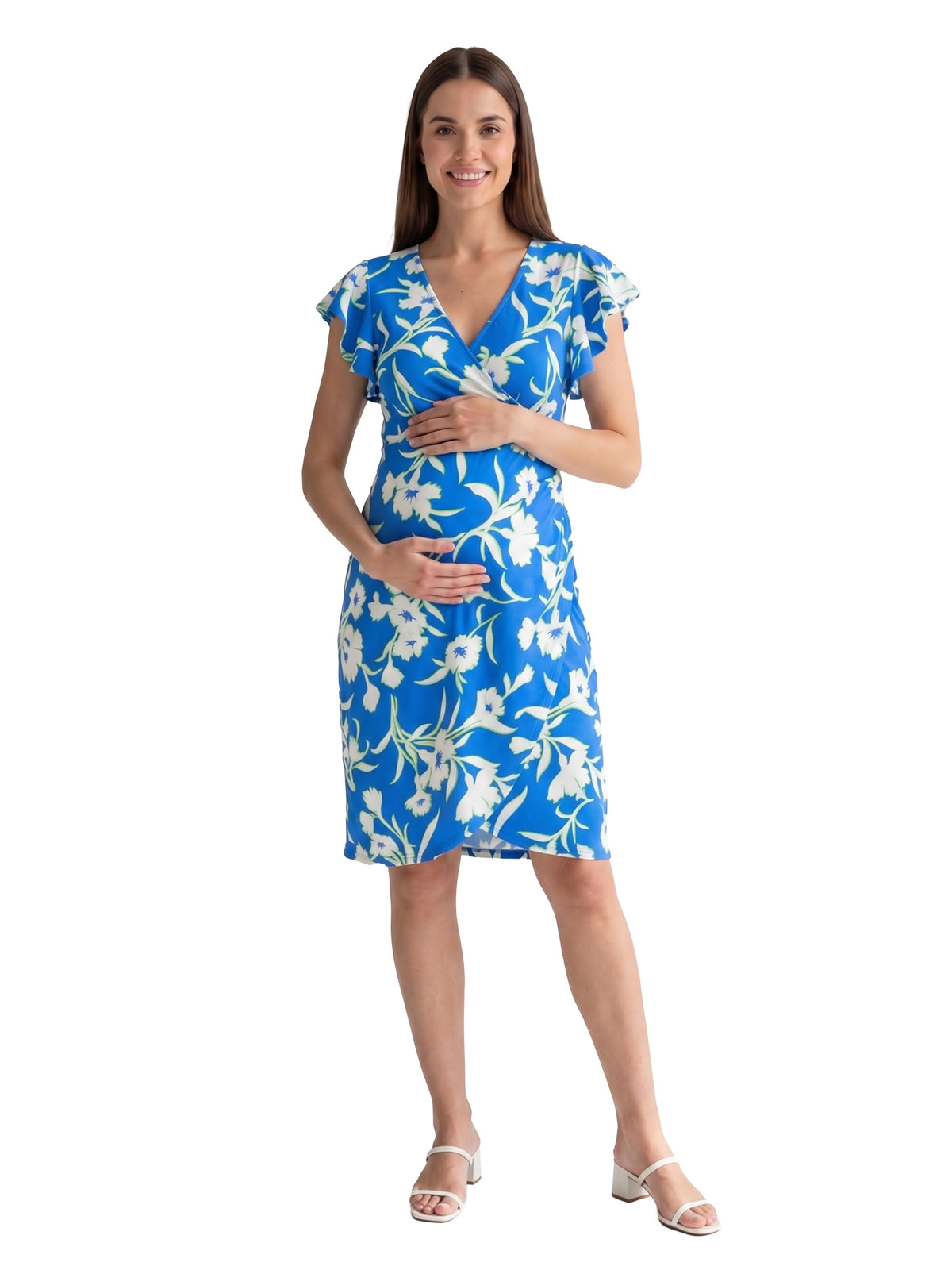 24seven Comfort Elevate Maternity Blue Floral Flutter Sleeve Faux Wrap Knee Length Dress