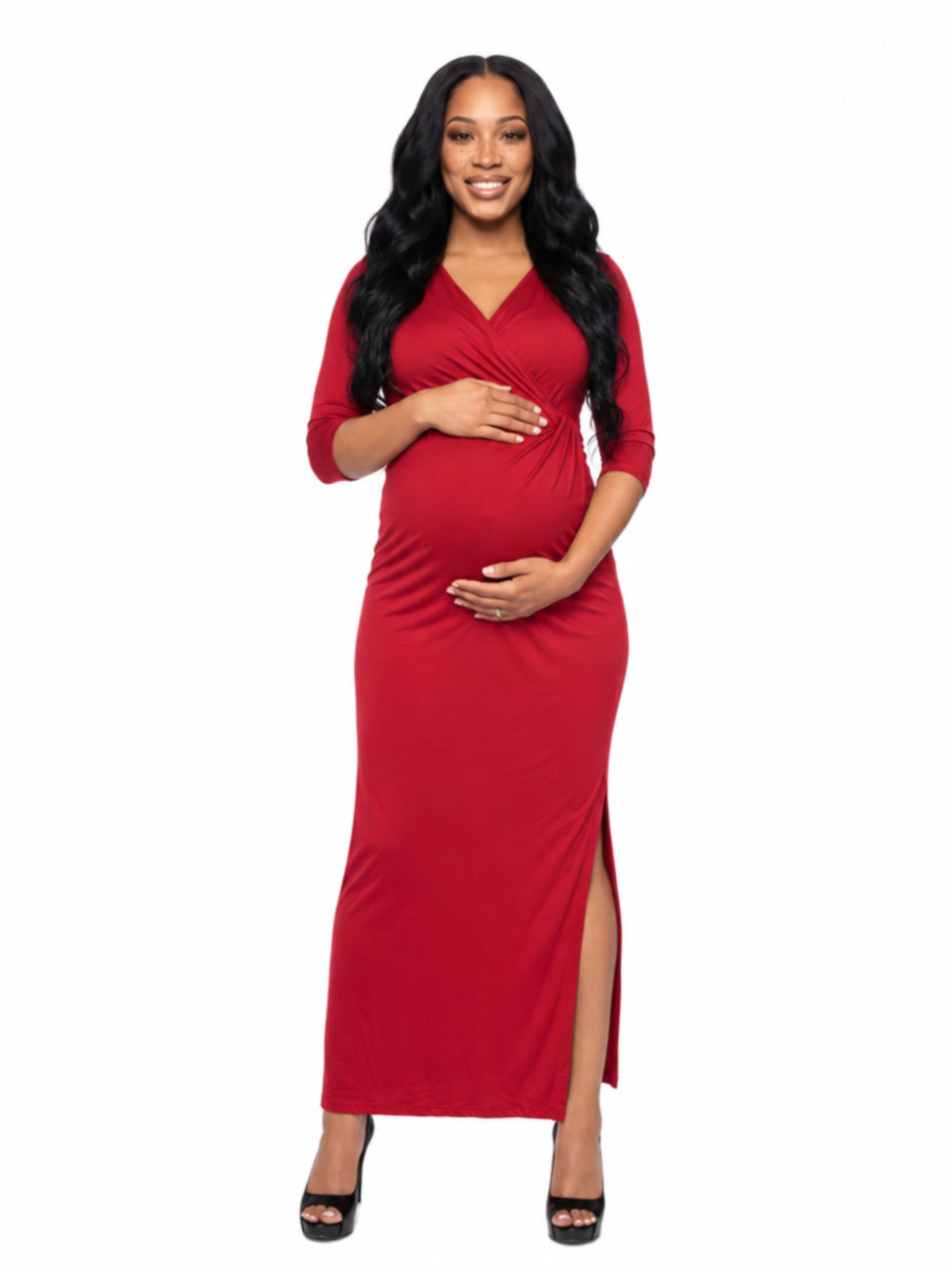 24seven Comfort Elevate Maternity Fitted V Neck Side Slit Faux Wrap Maxi Dress