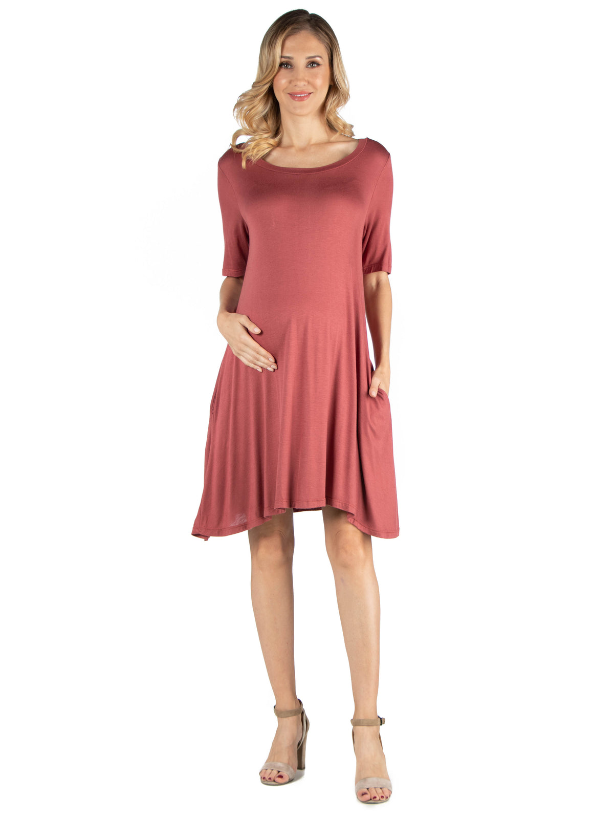 24seven Comfort Essential Maternity Round Neck Elbow Sleeve Flared T Shirt Pocket Dress