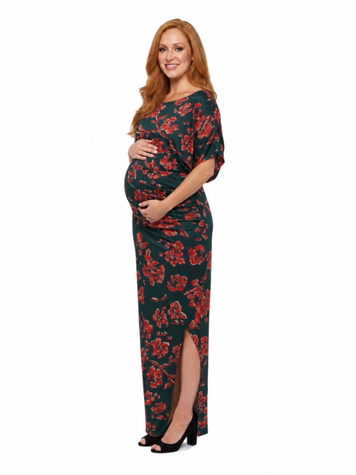 24seven Comfort Elevate Maternity Elegant Short Sleeves Floral Long Maxi Dress