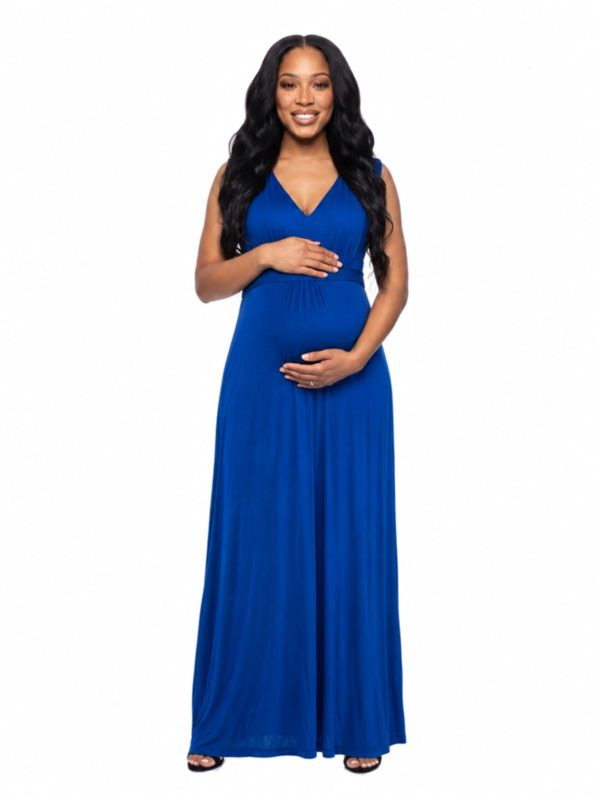 24seven Comfort Essential Maternity V Neck Sleeveless Empire Waist Belted Maxi Dress