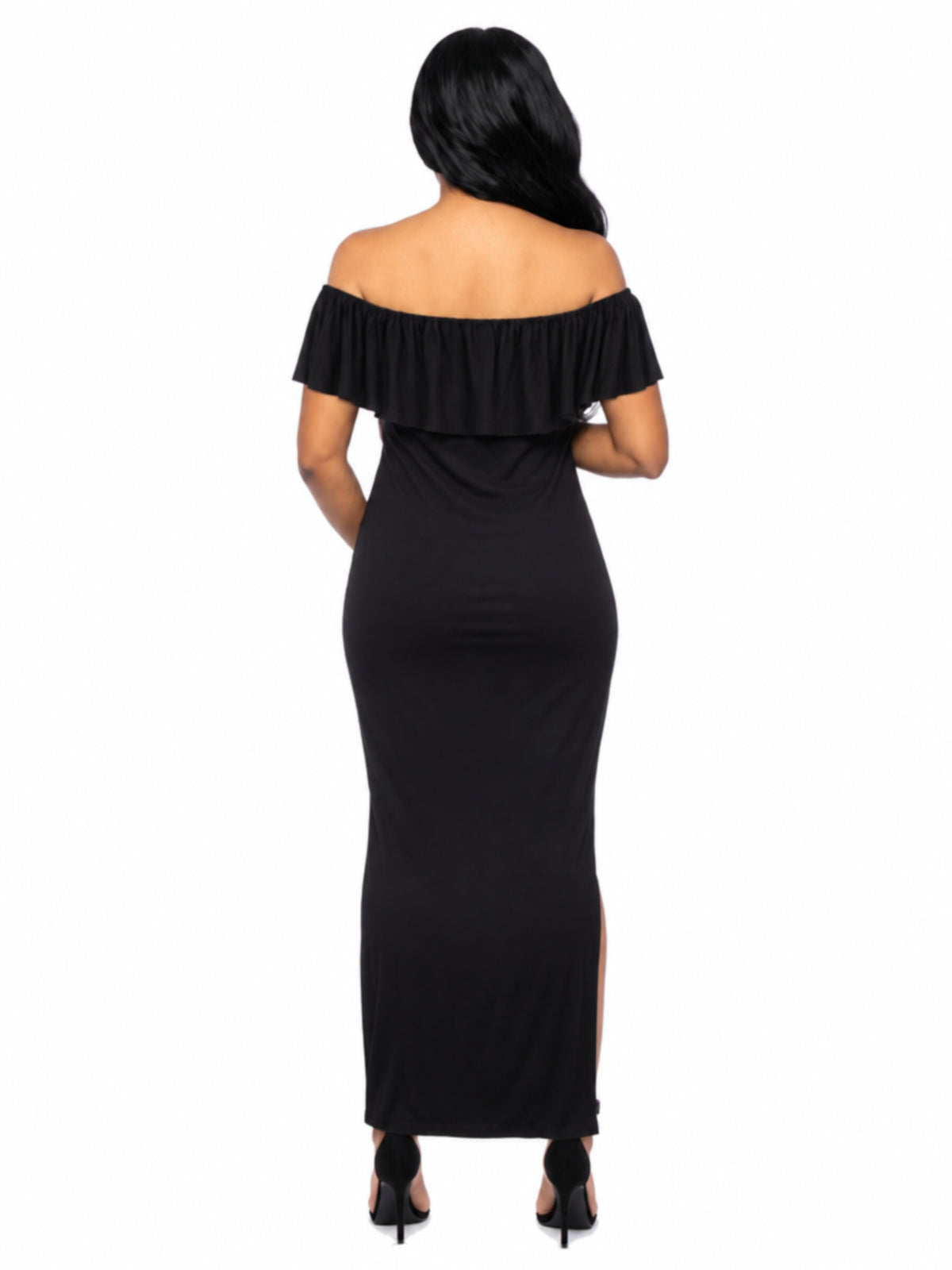 24seven Comfort Essential Maternity Off Shoulder Ruffle Detail Side Slit Maxi Dress