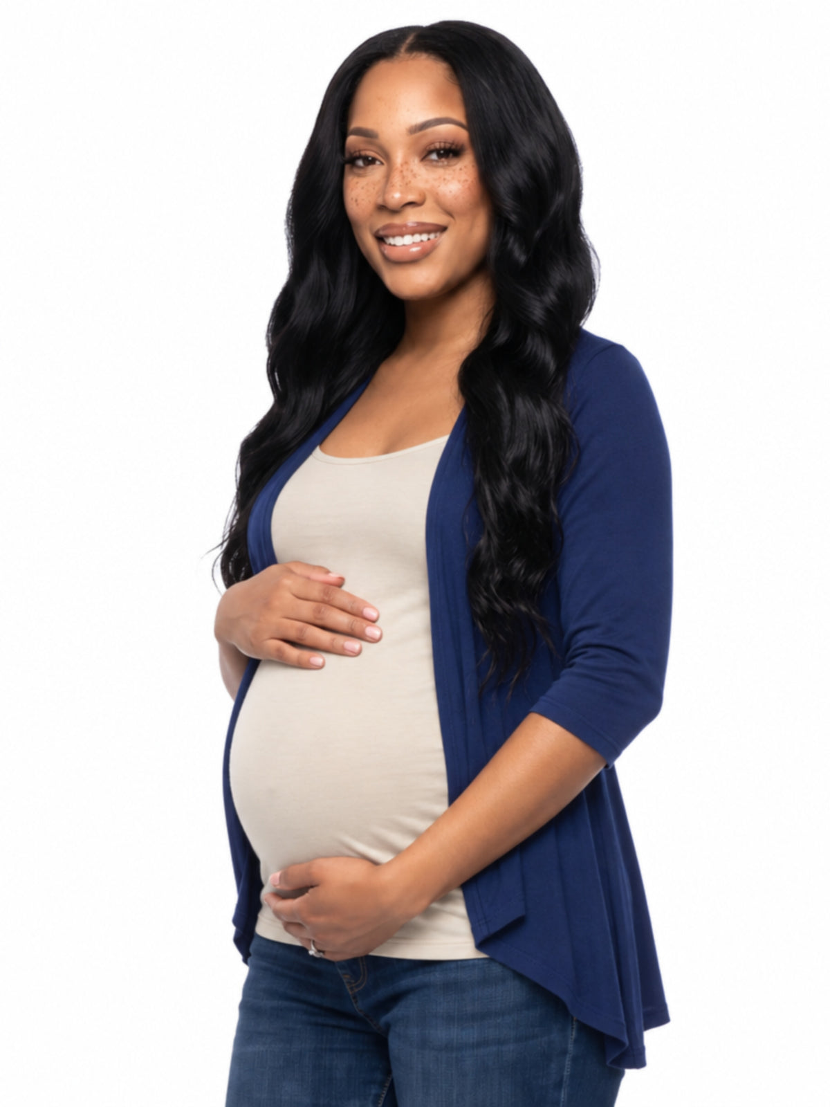 24seven Comfort Basic Maternity Elbow Sleeve Open Front Cascading Shape Jacket