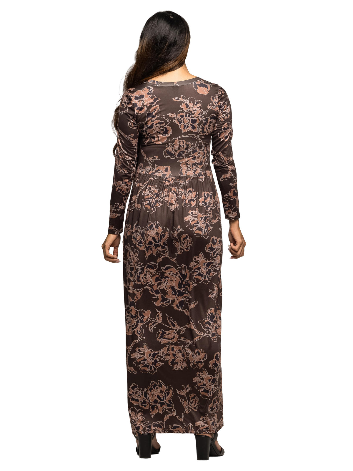 24seven Comfort Essential Maternity Brown Floral Print Long Sleeve Scoop Neck Maxi Dress