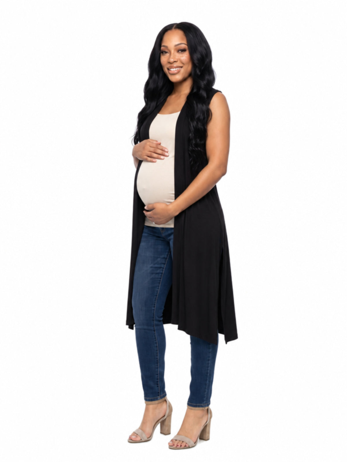 24seven Comfort Basic Maternity Sleeveless Open Front Side Slit Extra Long Jacket