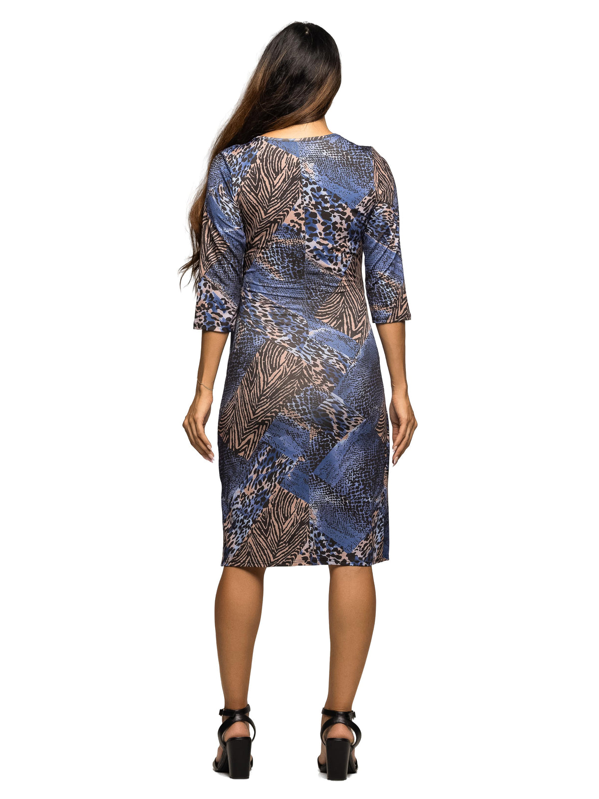 24seven Comfort Essential Maternity Blue Animal Print V Neck Three Quarter Sleeve Faux Wrap Knee Length Dress