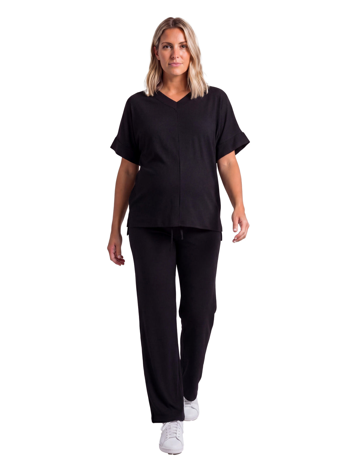 24seven Comfort Basic Maternity Ribbed Knit Dolman Sleeve V Neck Top and Drawstring Wide Leg Pant Set