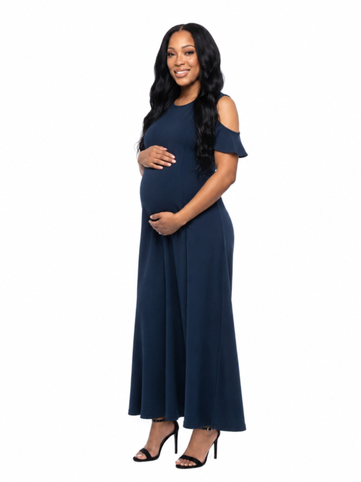24seven Comfort Elevate Maternity Ruffle Cold Shoulder A Line Maxi Dress
