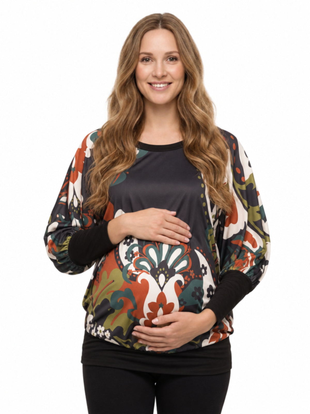 24seven Comfort Essential Maternity Black Paisley Print Boat Neck Dolman Sleeve Banded Top