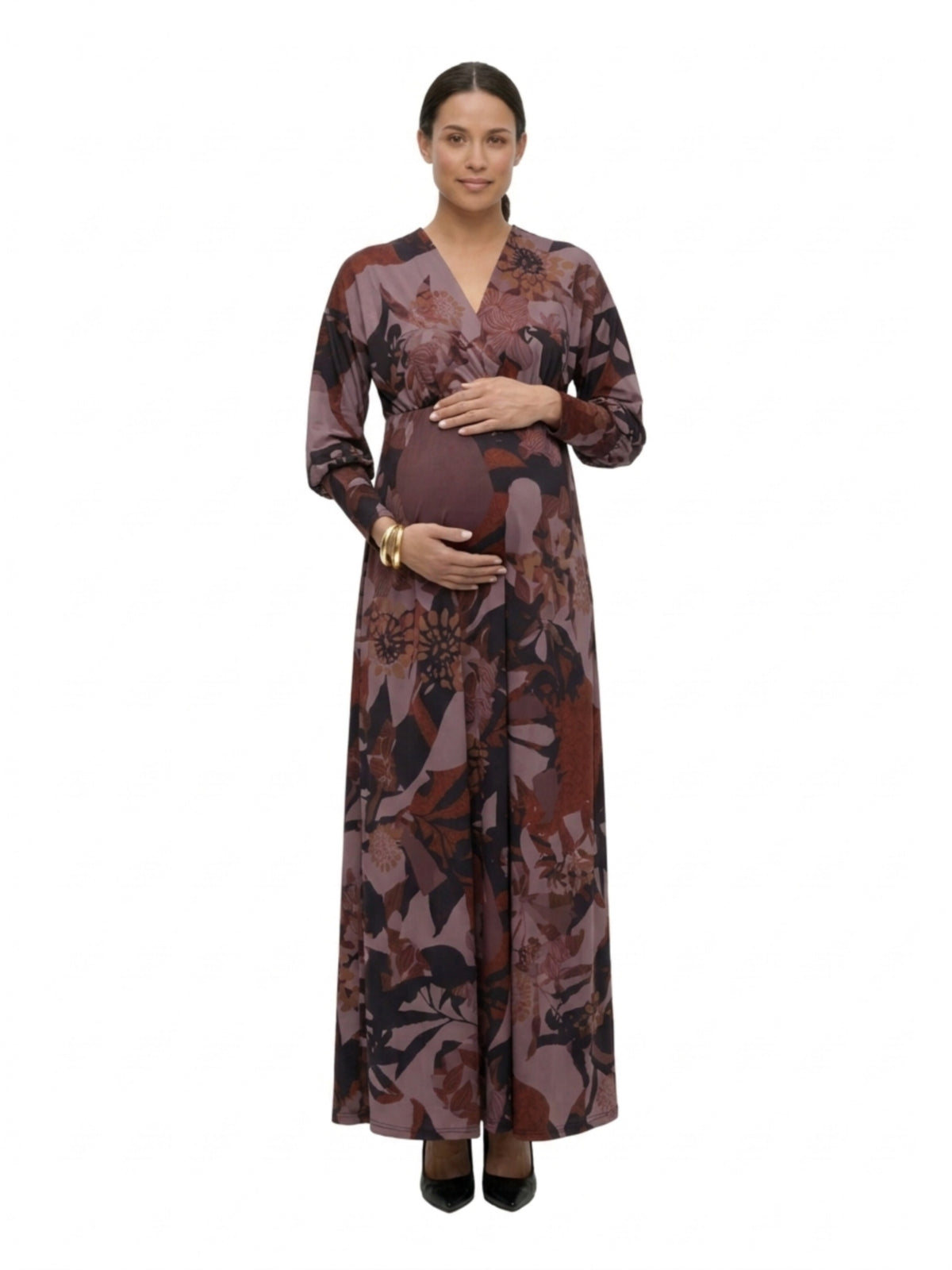 24seven Comfort Elevate Maternity V-Neck Three-Quarter Sleeve Floral Maxi Dress