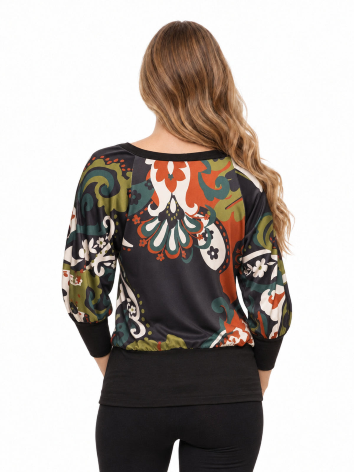 24seven Comfort Essential Maternity Black Paisley Print Boat Neck Dolman Sleeve Banded Top