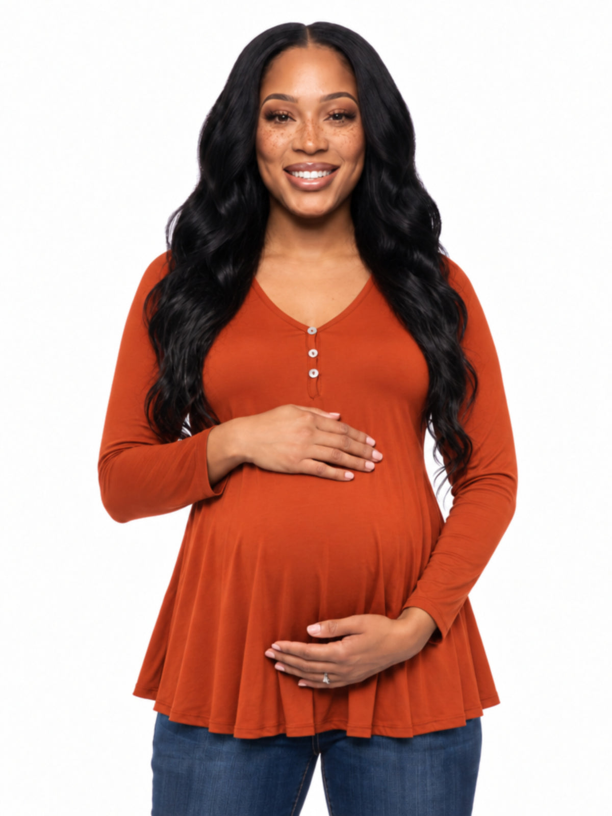 24seven Comfort Basic Maternity V Neck Long Sleeve Soft Flare Henley Style Tunic Top