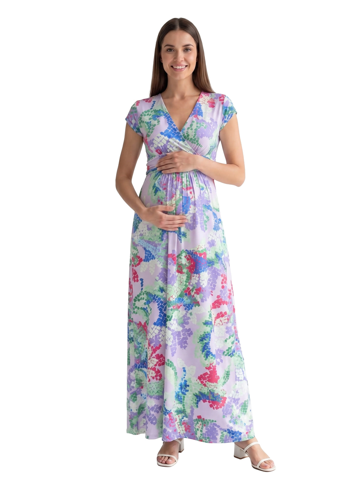 24seven Comfort Essential Maternity Abstract V Neck Cap Sleeve Side Slit Pocket A Line Maxi Dress