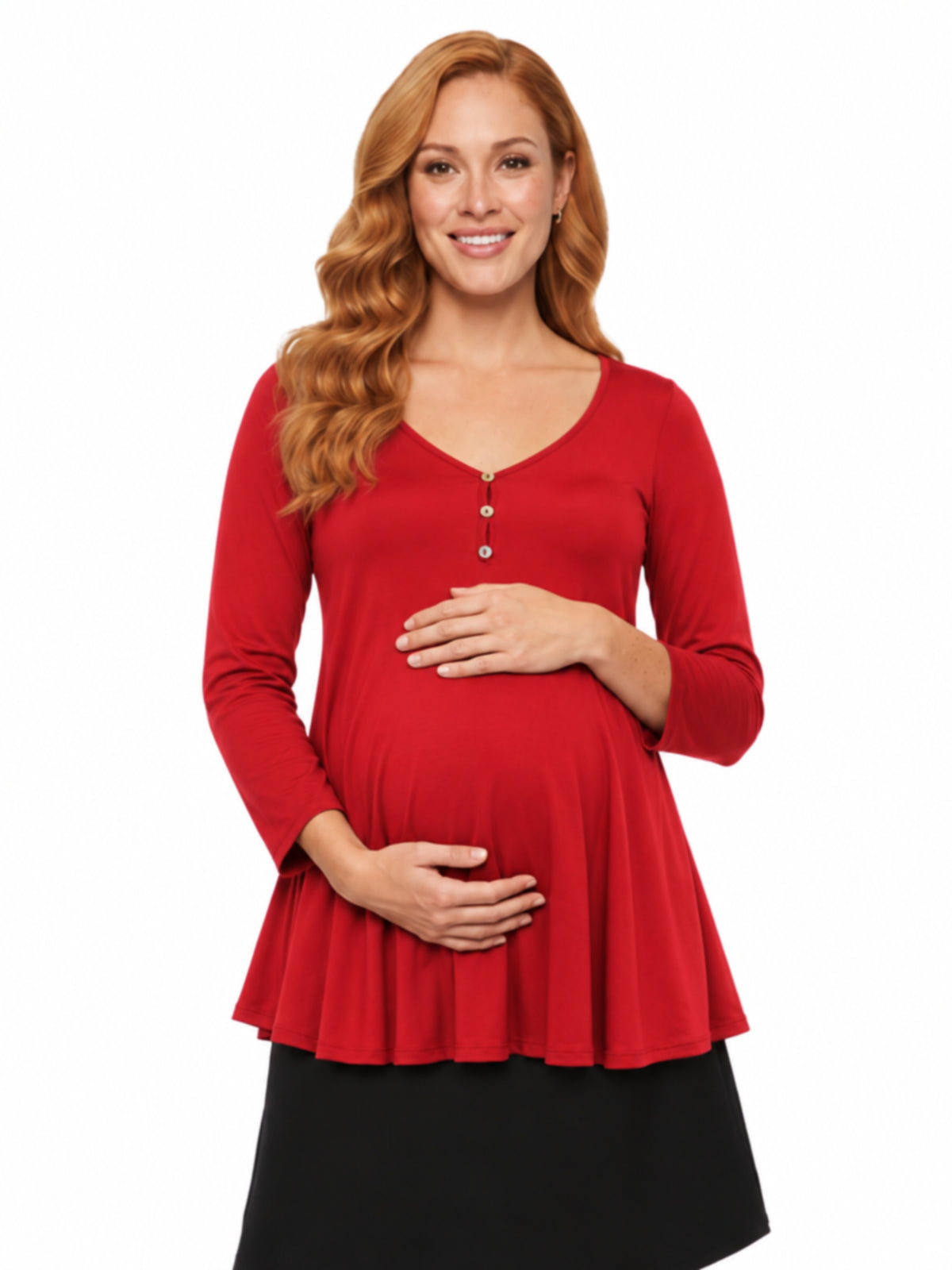 24seven Comfort Basic Maternity V Neck Long Sleeve Soft Flare Henley Style Tunic Top
