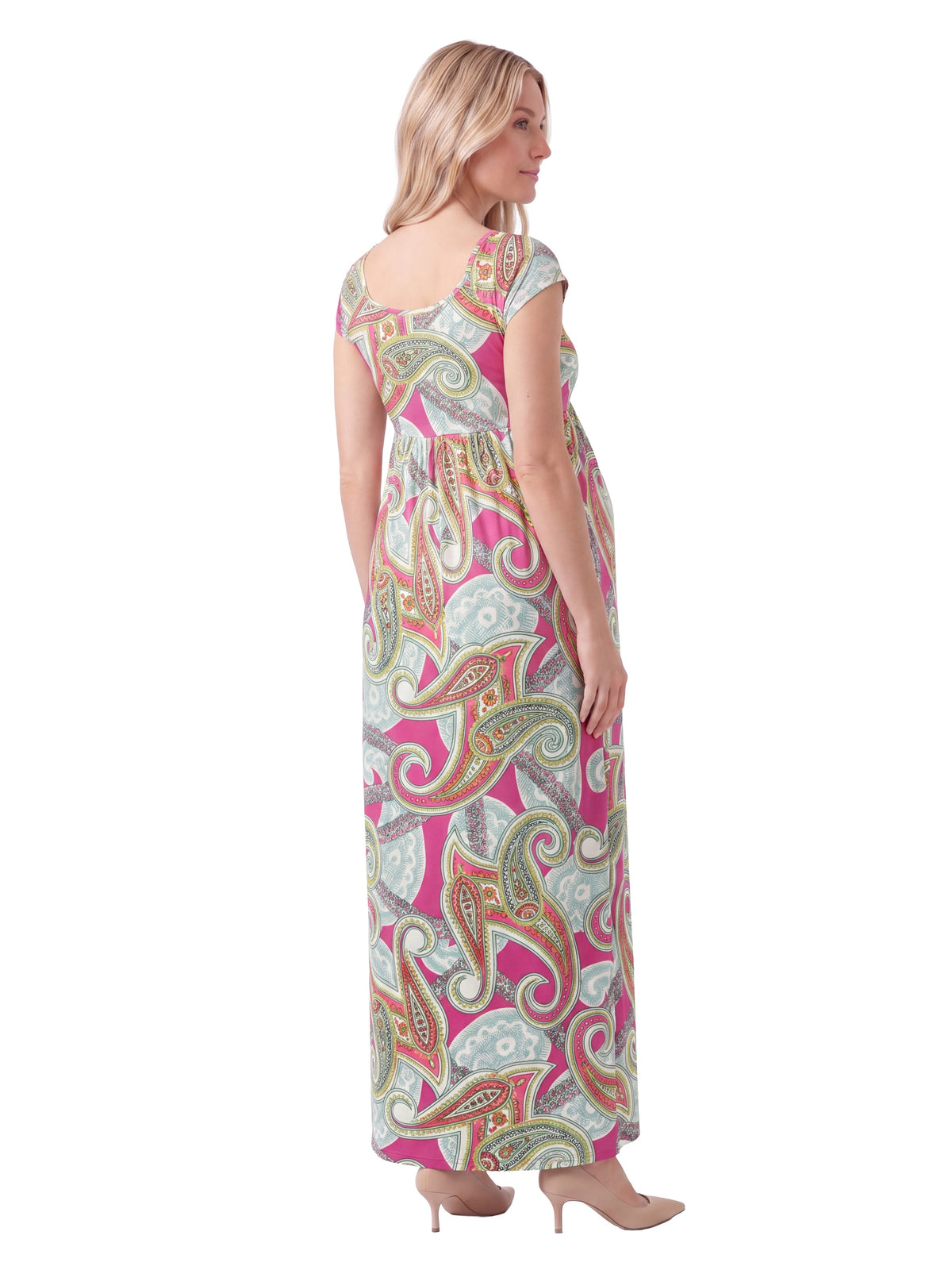24seven Comfort Essential Maternity Paisley Square Neck Cap Sleeve Pleated A Line Maxi Dress