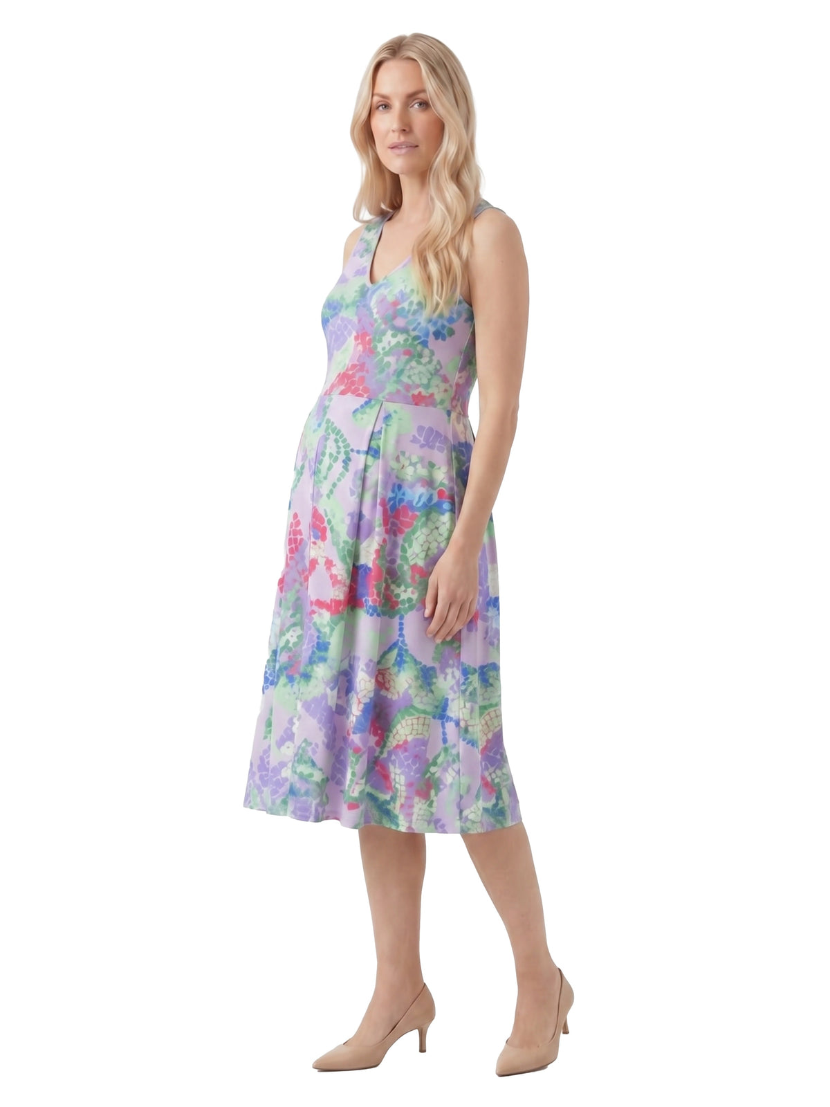 24seven Comfort Essential Maternity Abstract V Neck Sleeveless Pleated Pocket Midi Fit N Flare Dress