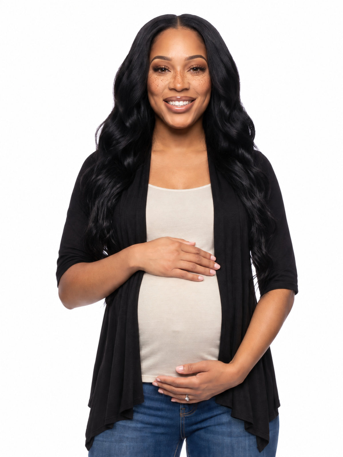 24seven Comfort Basic Maternity Open Front Elbow Sleeve Cascading Drape Loose Fit Jacket