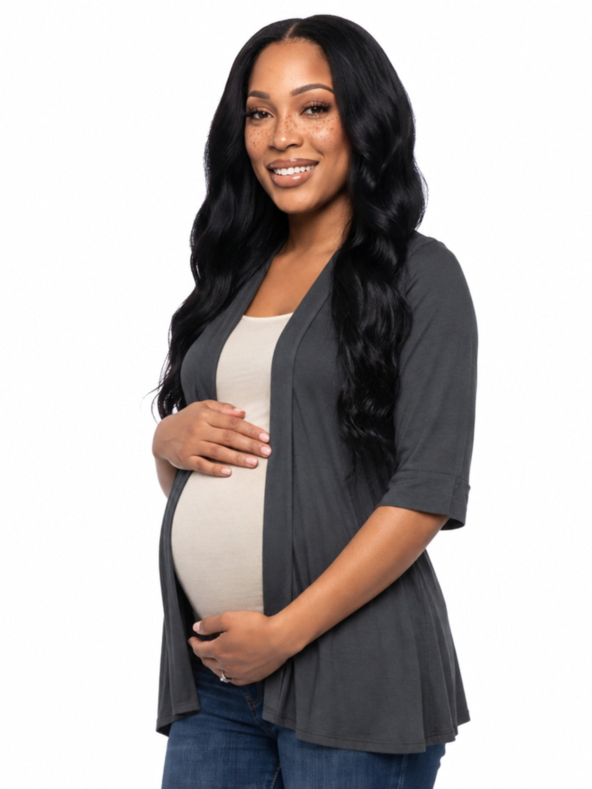 24seven Comfort Basic Maternity Open Front Elbow Sleeve Long Fit Jacket