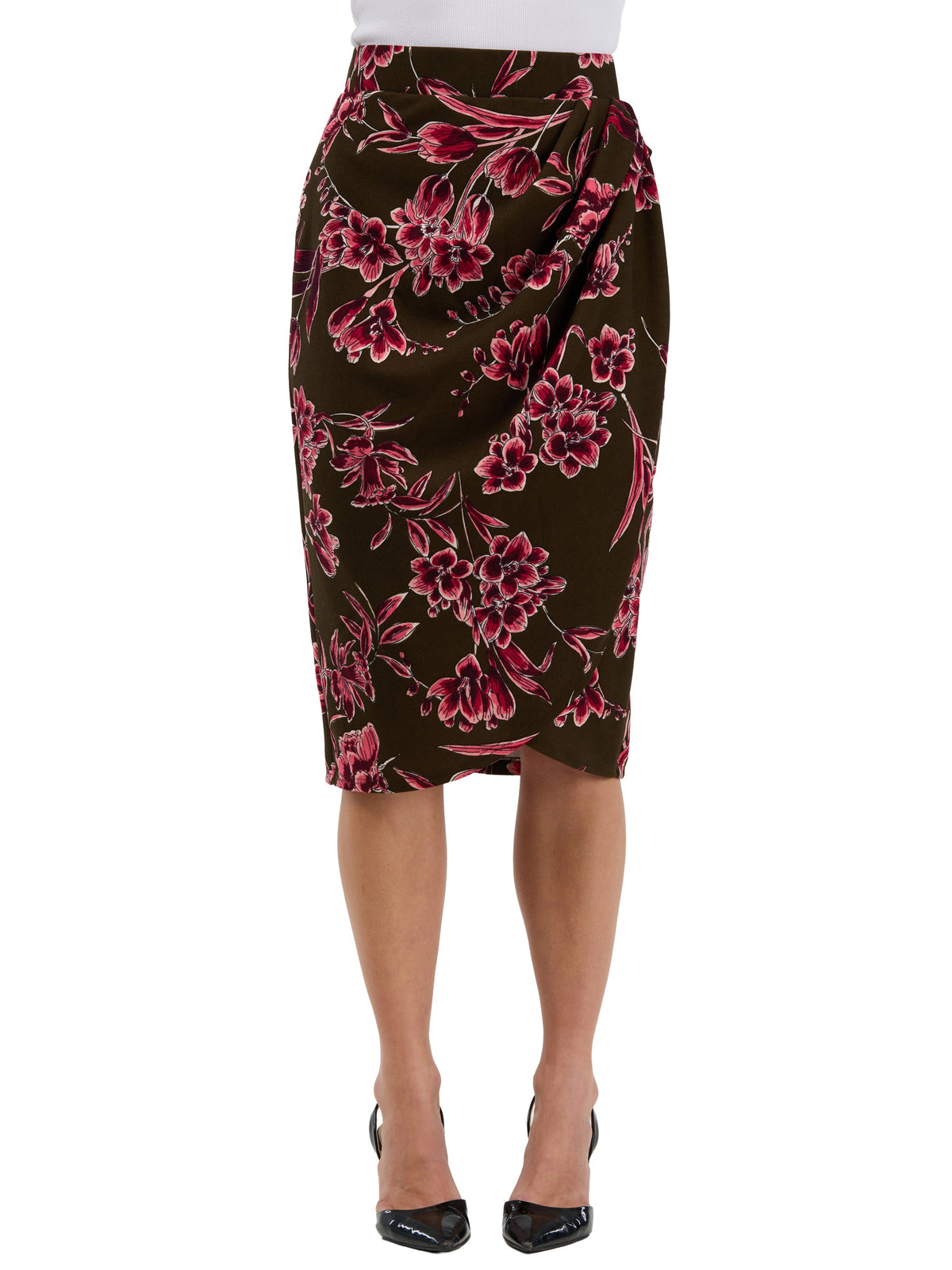 24seven Comfort Elevate Womens Floral Elastic High Waist Knee Length Tulip Pencil Skirt