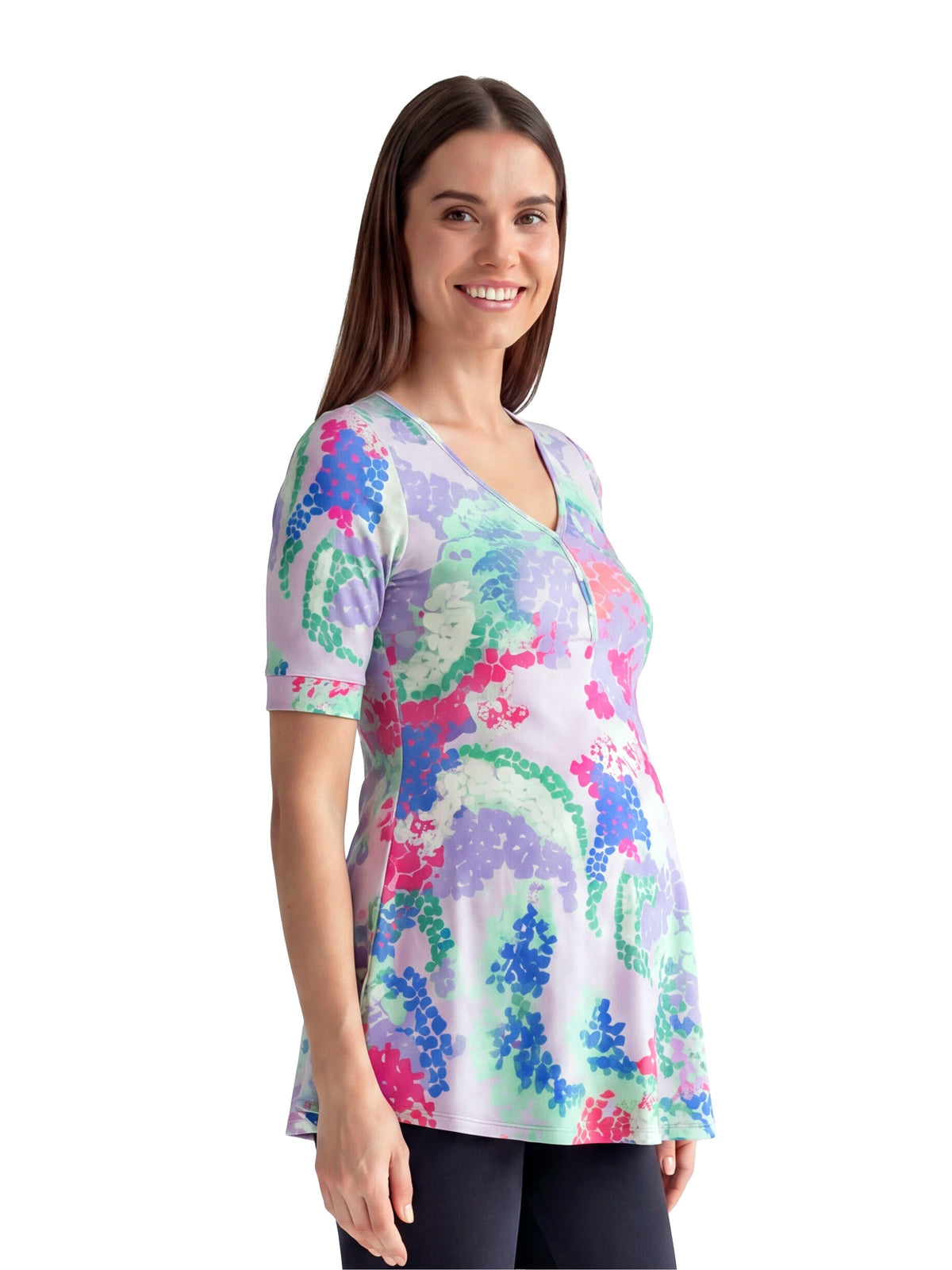 24seven Comfort Essential Maternity Abstract V Neck Elbow Sleeve Henley Tunic Top