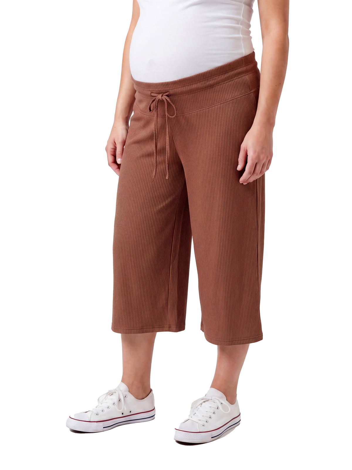 24seven Comfort Basic Maternity Ribbed Knit Drawstring Flared Capri Pants