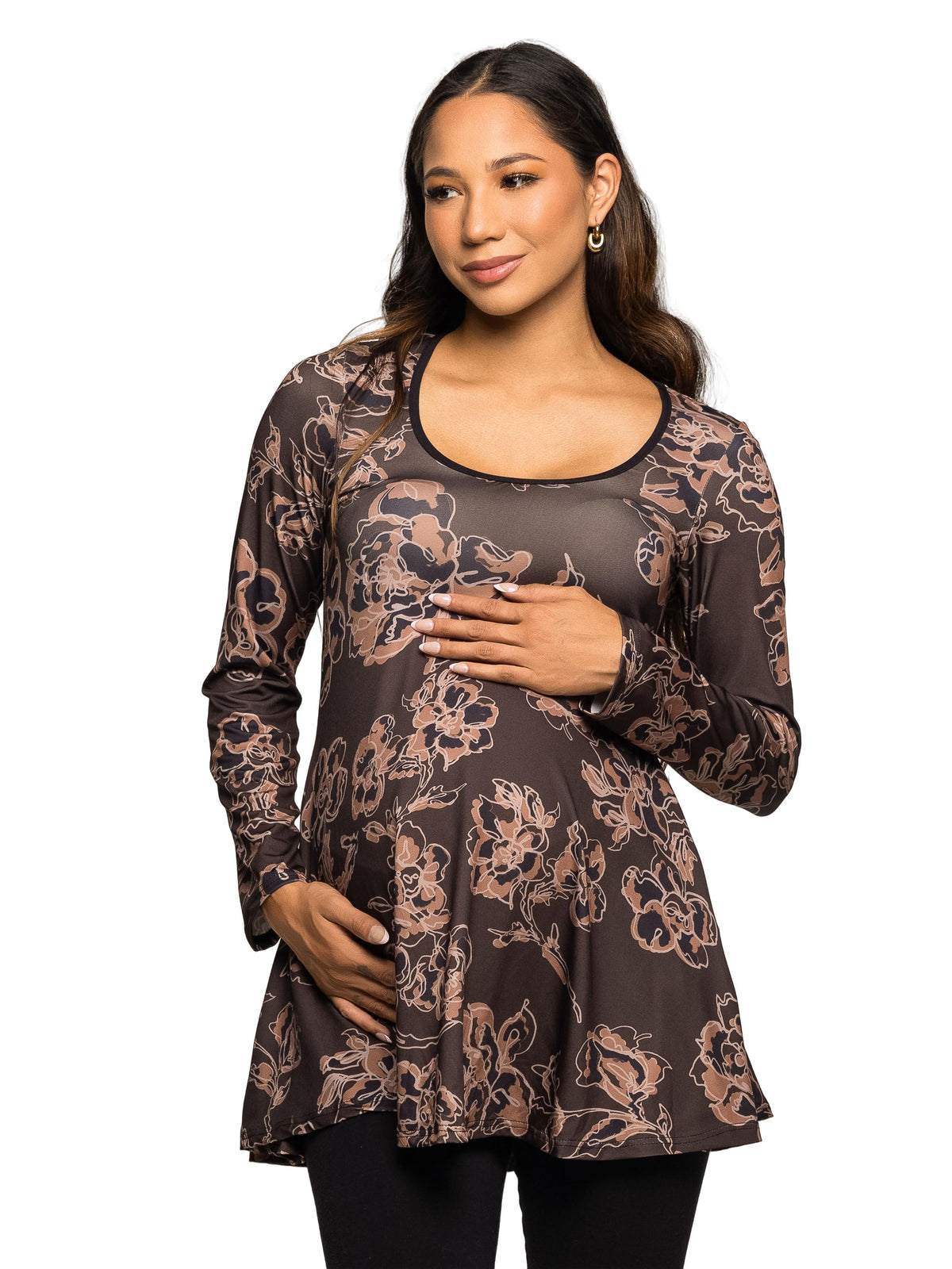 24seven Comfort Essential Maternity Brown Floral Print Scoop Neck Long Sleeve Tunic Top