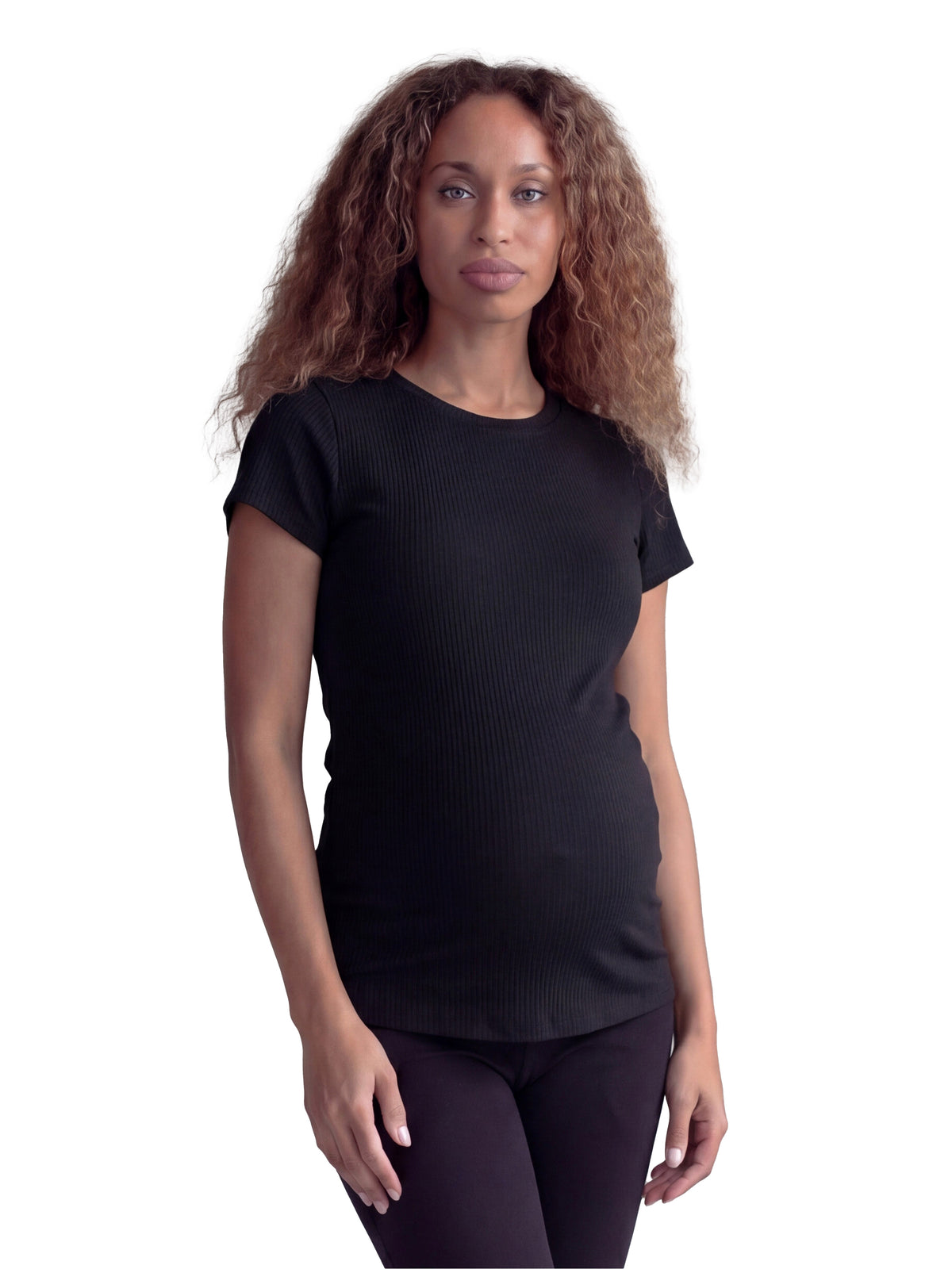 24seven Comfort Basic Maternity Ribbed Knit Round Neck Short Sleeve Top