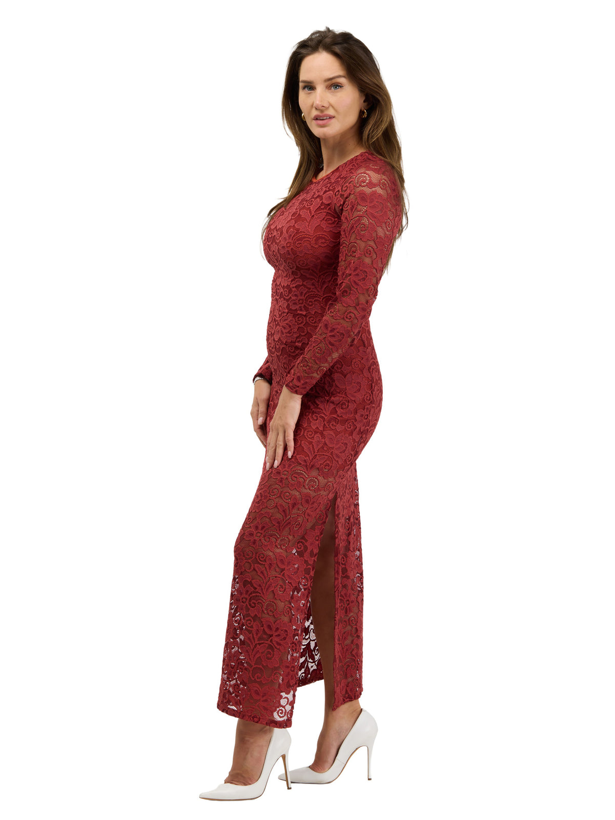24seven Comfort Elevate Womens Round Neck Long Sleeve Lace Maxi Dress