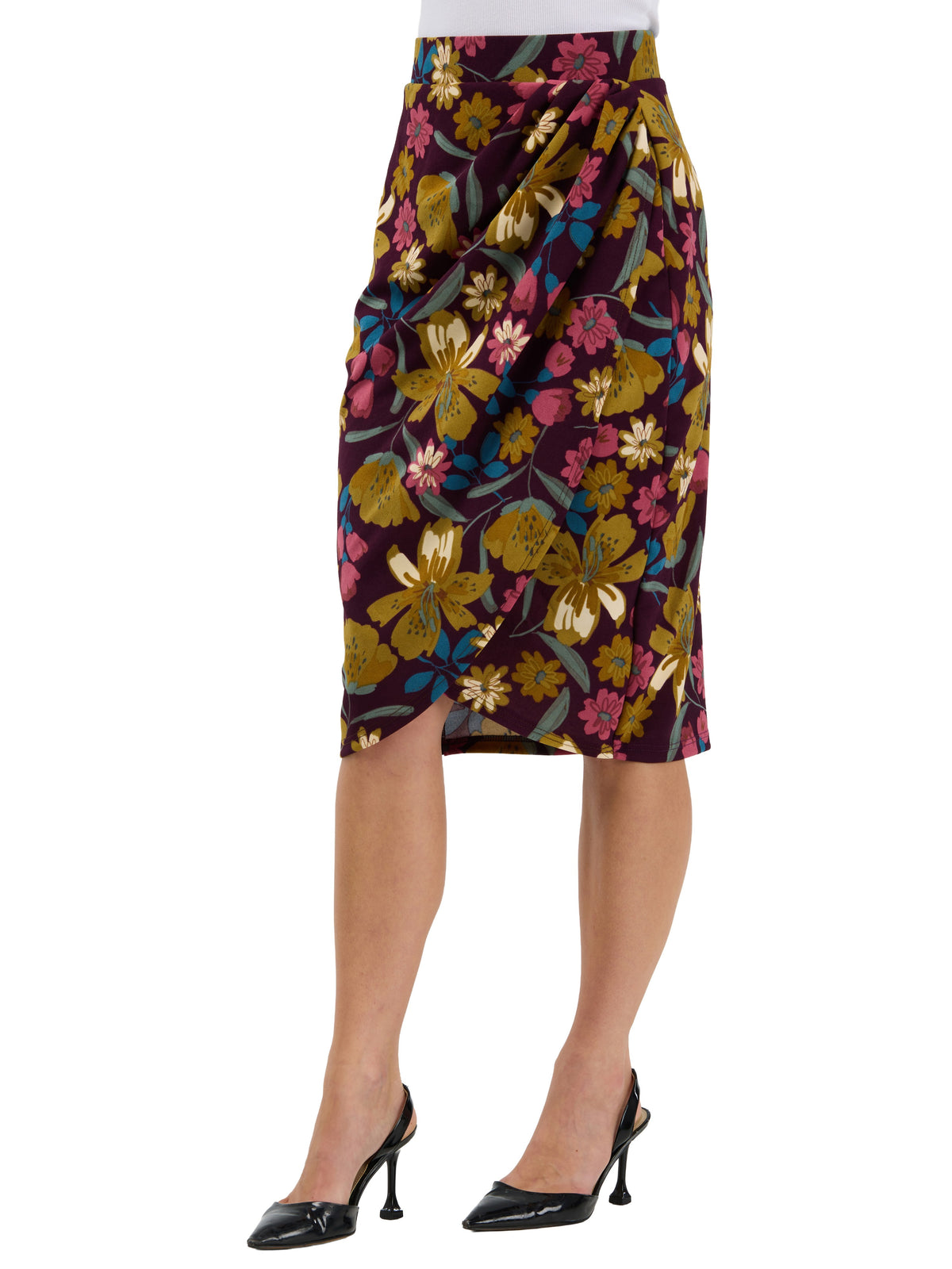 24seven Comfort Elevate Womens Floral Elastic High Waist Knee Length Tulip Pencil Skirt