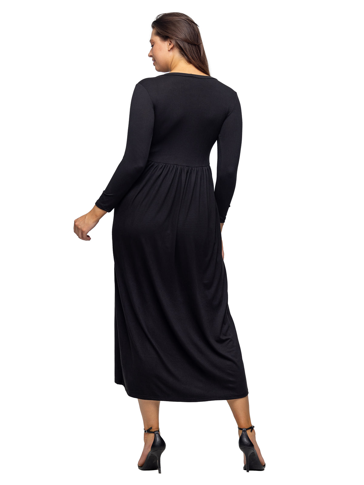 24seven Comfort Essential Petite Long Sleeve Square Neck Pleated Maxi Dress