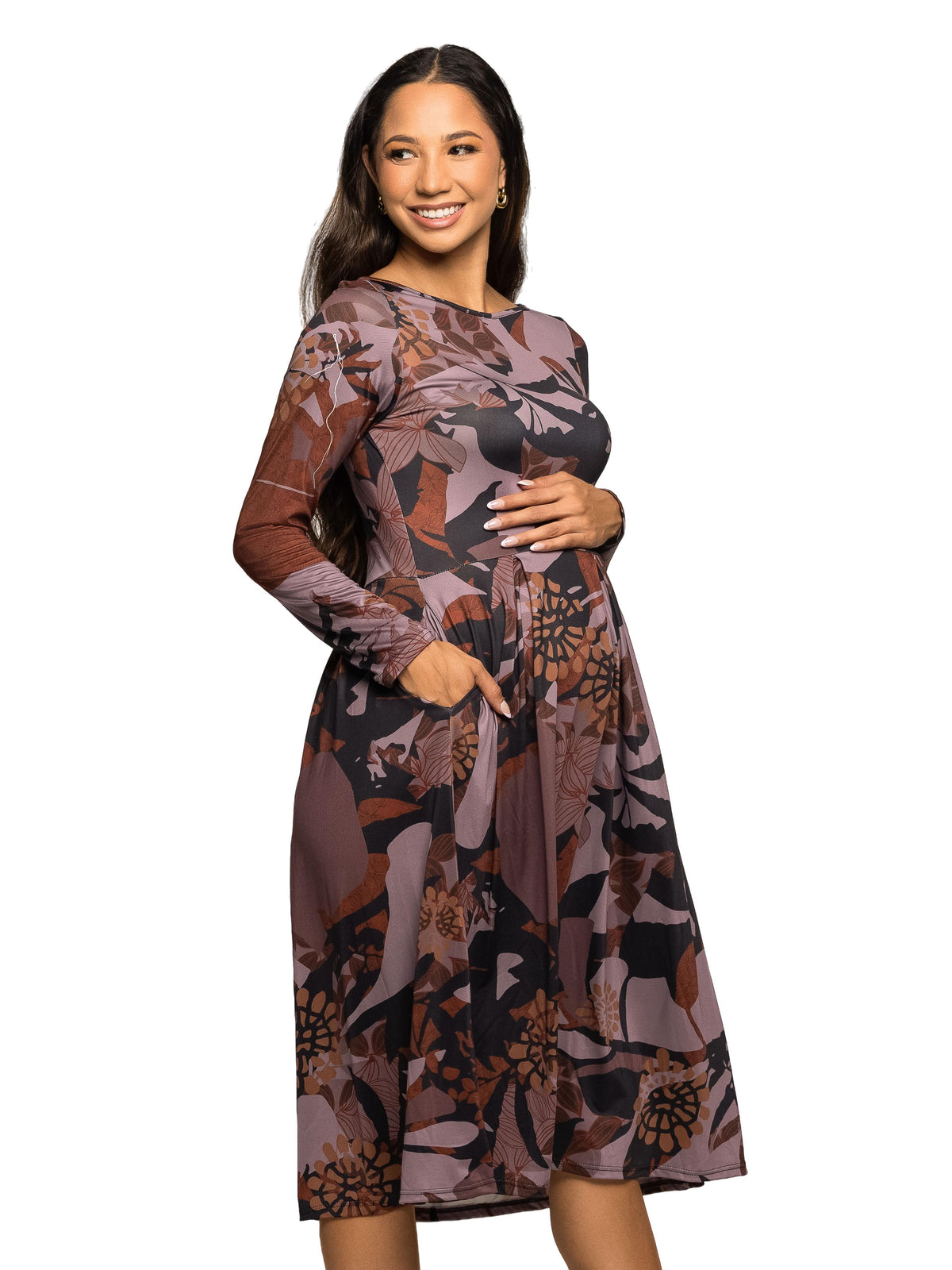 24seven Comfort Essential Maternity Long Sleeve Midi Dress Brown Floral Print