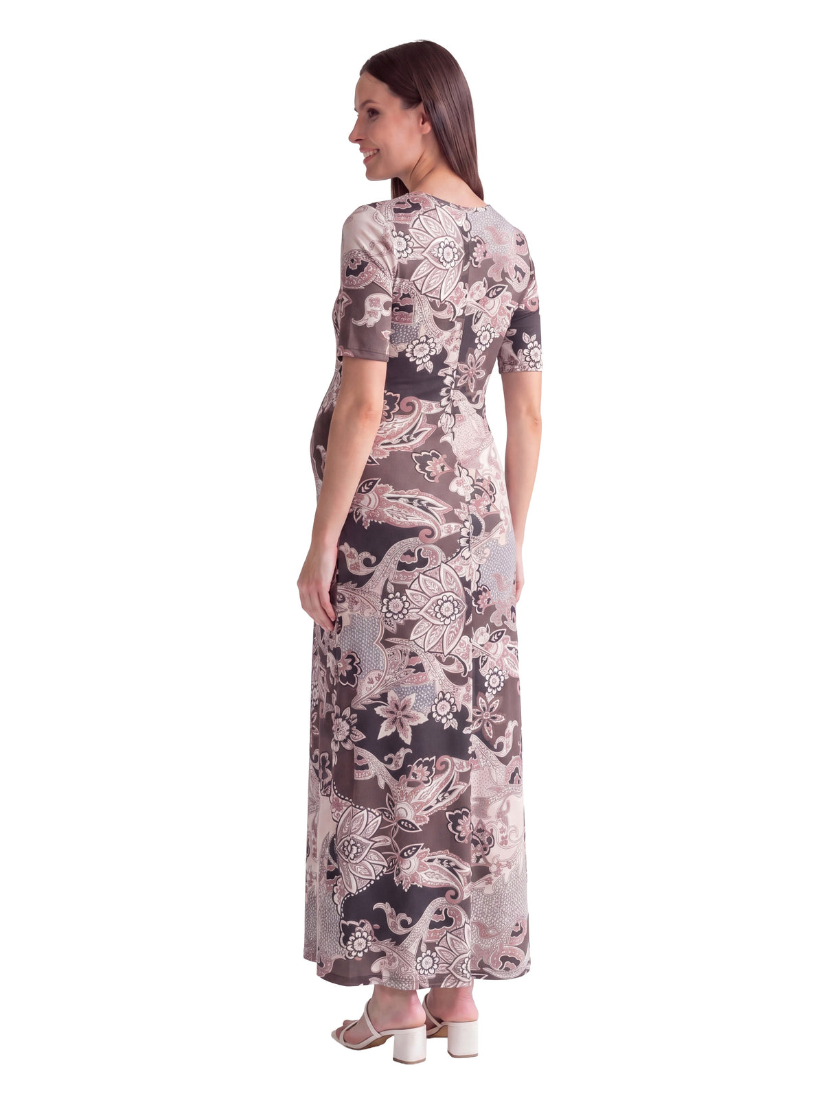 24seven Comfort Essential Maternity Brown Paisley Scoop Neck Elbow Sleeve A Line Maxi Dress