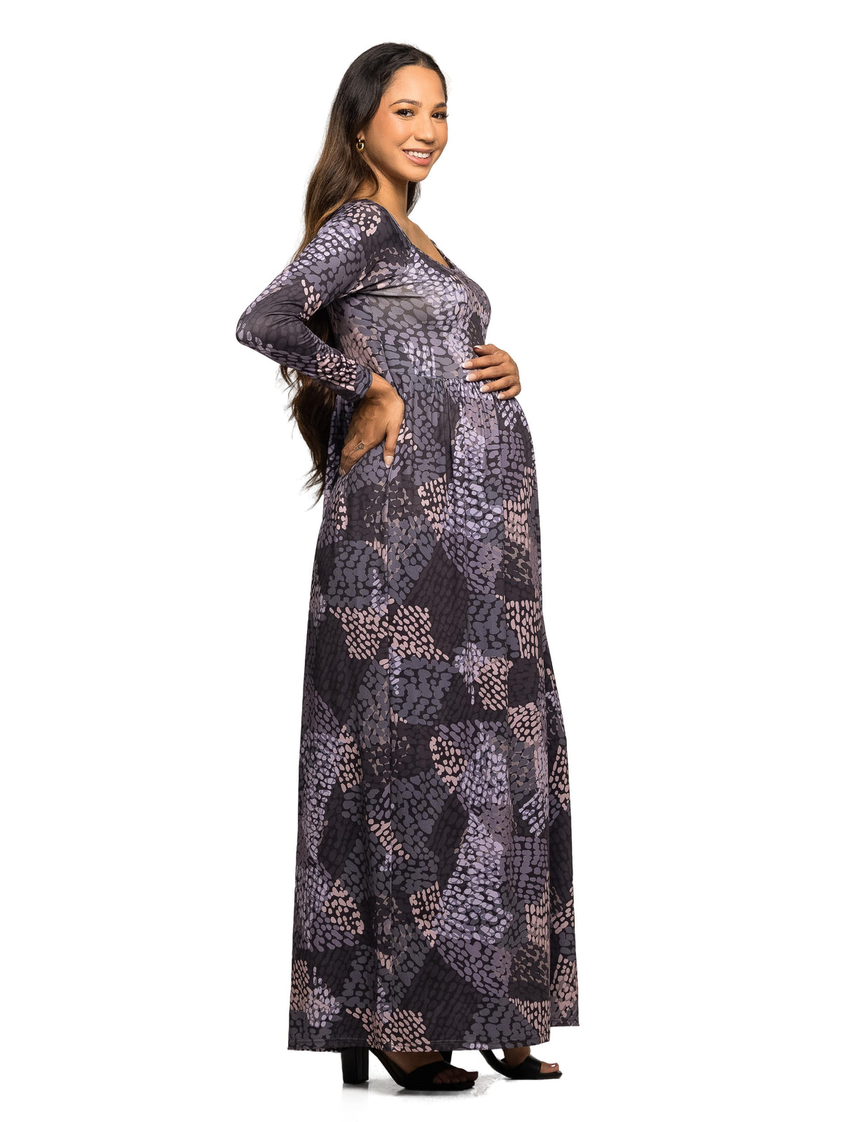 24seven Comfort Essential Maternity Grey Astract Print Square Neck Long Sleeve Empire Waist Maxi Dress