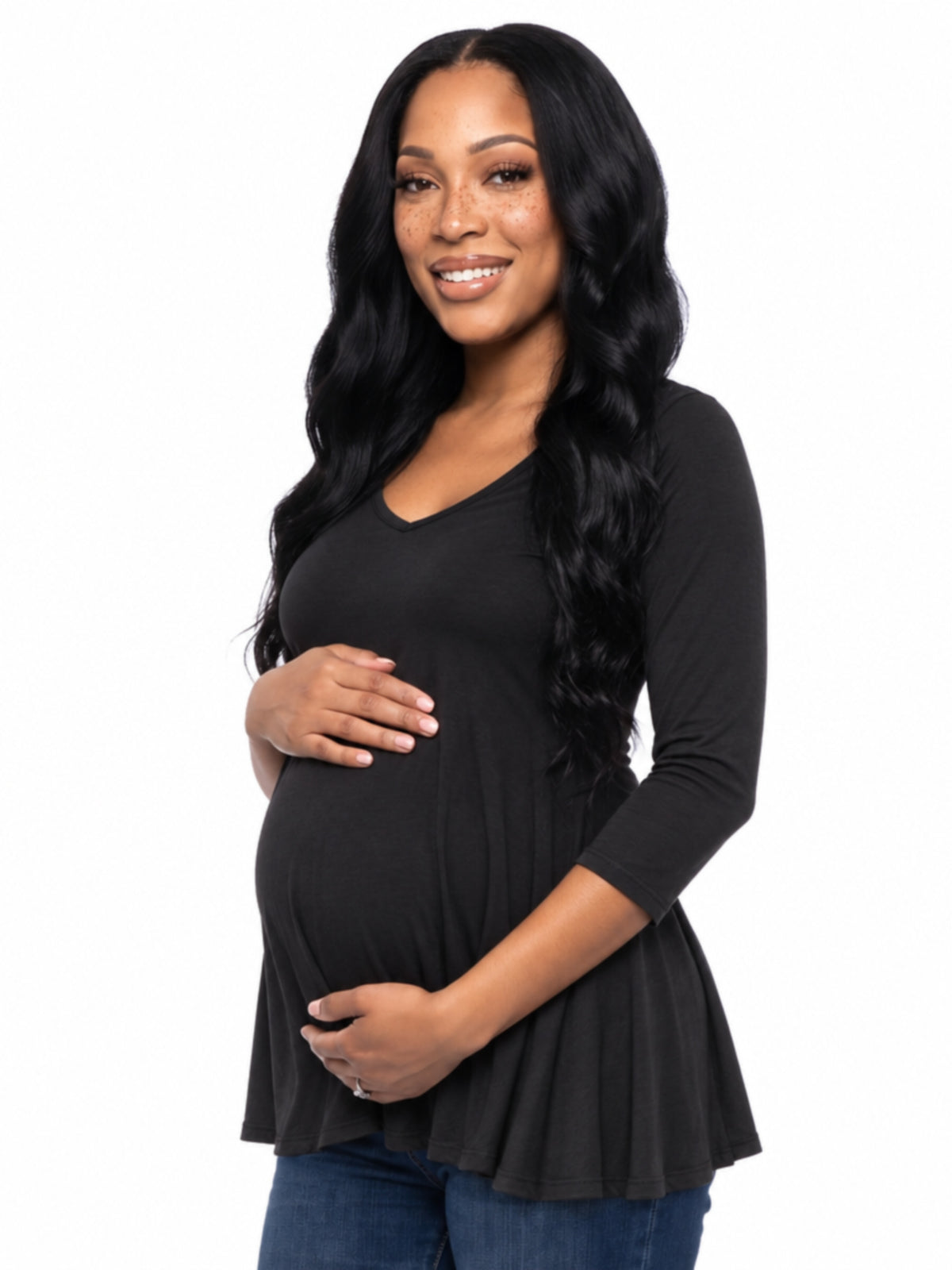24seven Comfort Basic Maternity Three Quarter Sleeve V Neck Swing Tunic Top