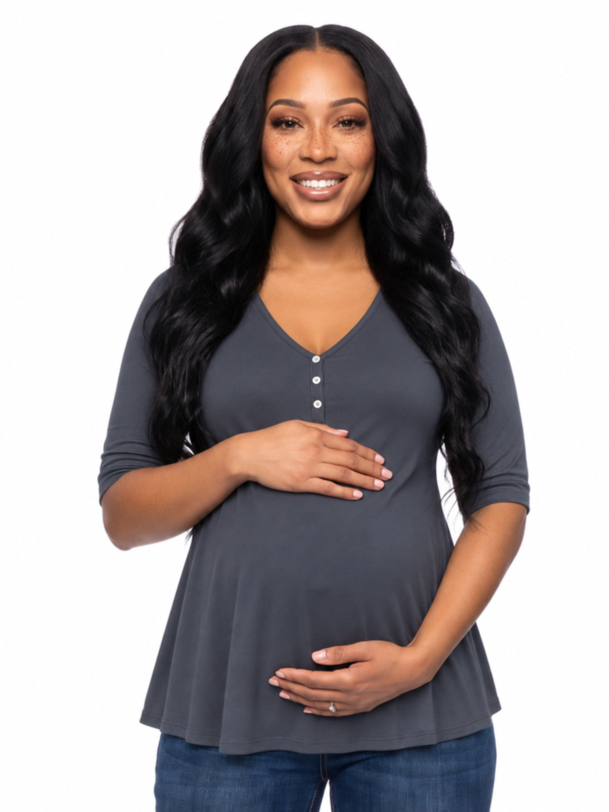 24seven Comfort Basic Maternity V Neck Elbow Sleeve Flared Henley Style Tunic Top