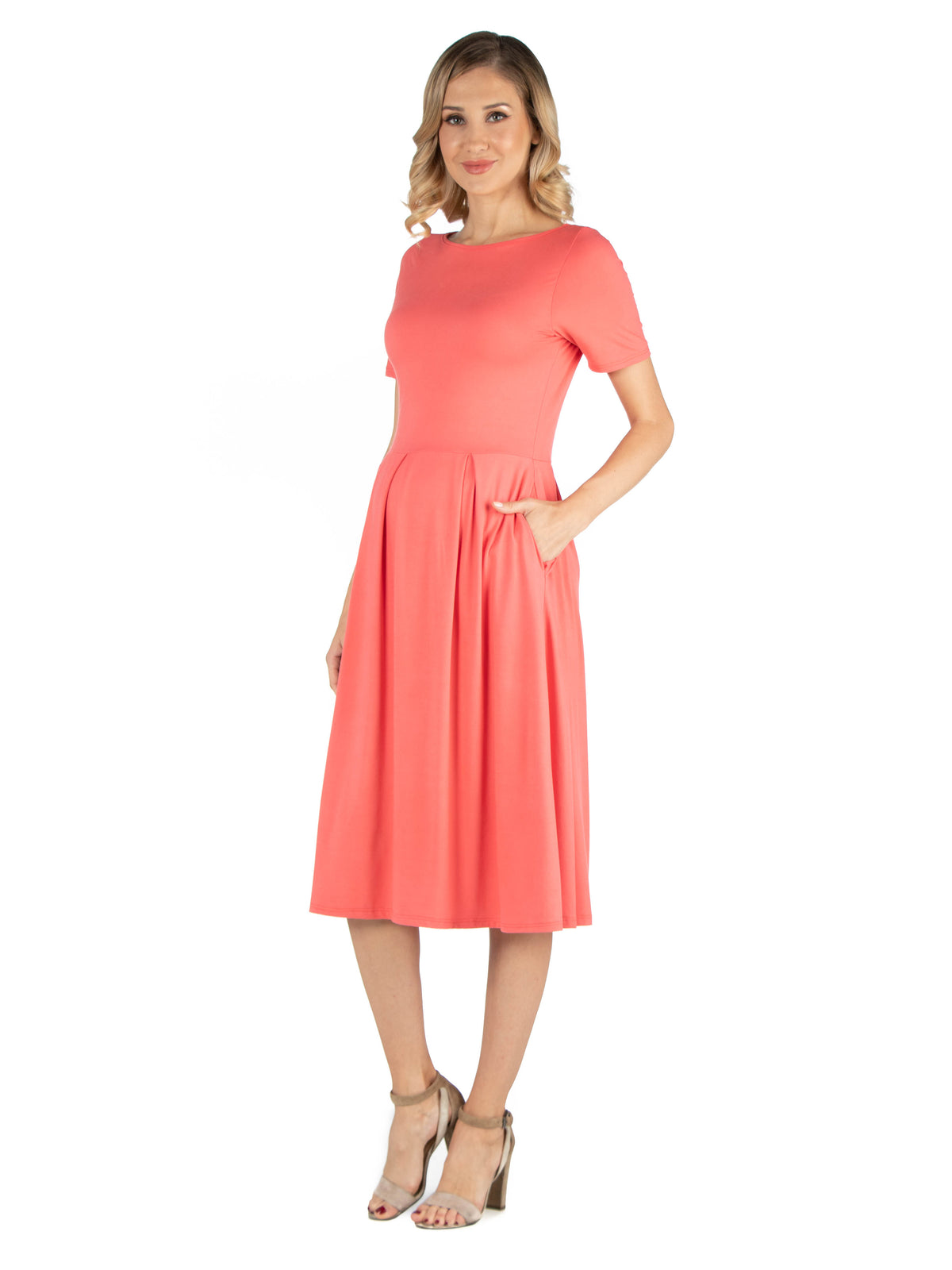 24seven Comfort Essential Maternity Boat Neck Short Sleeve Pleated Pocket Midi Dress
