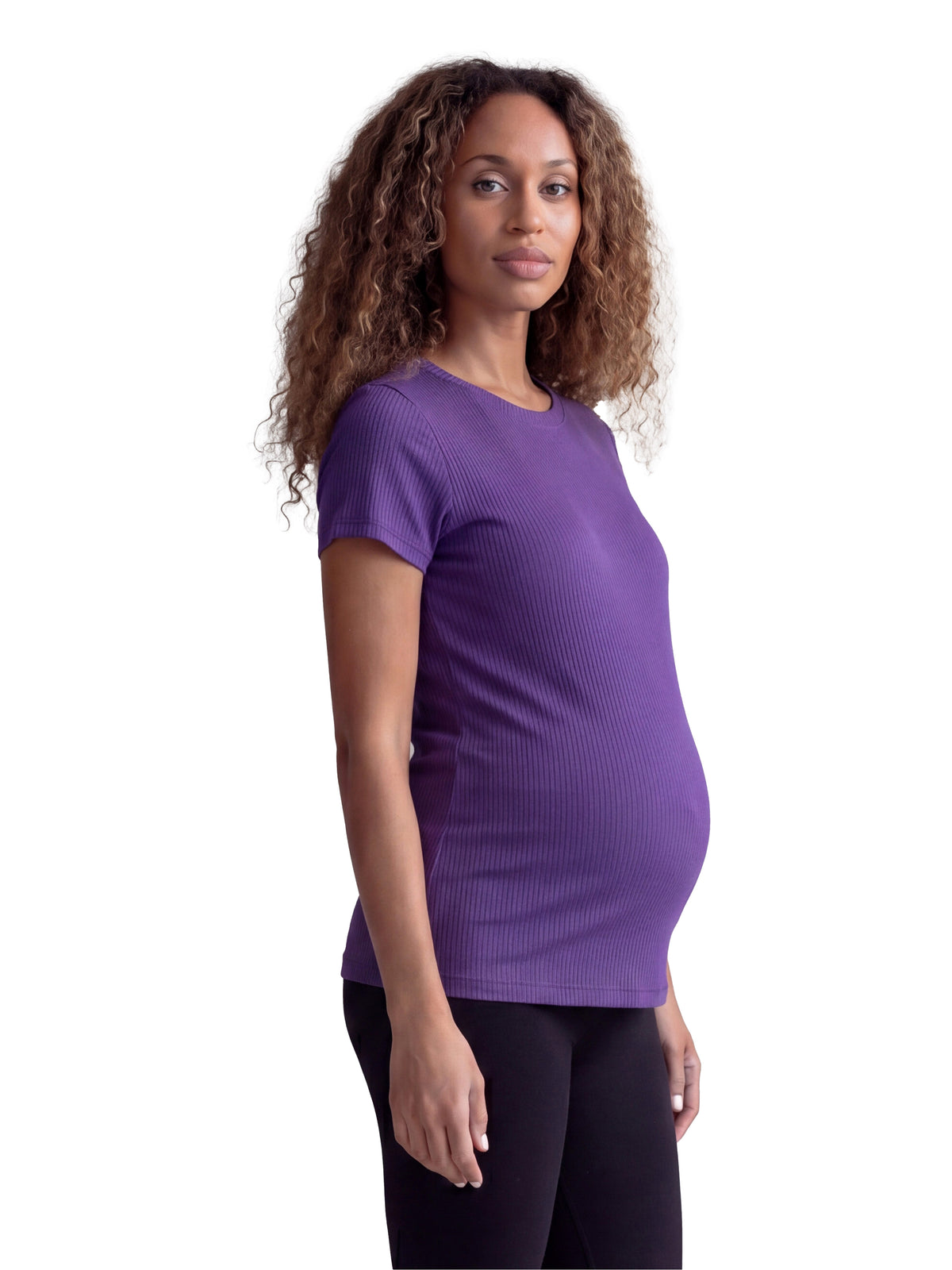 24seven Comfort Basic Maternity Ribbed Knit Round Neck Short Sleeve Top