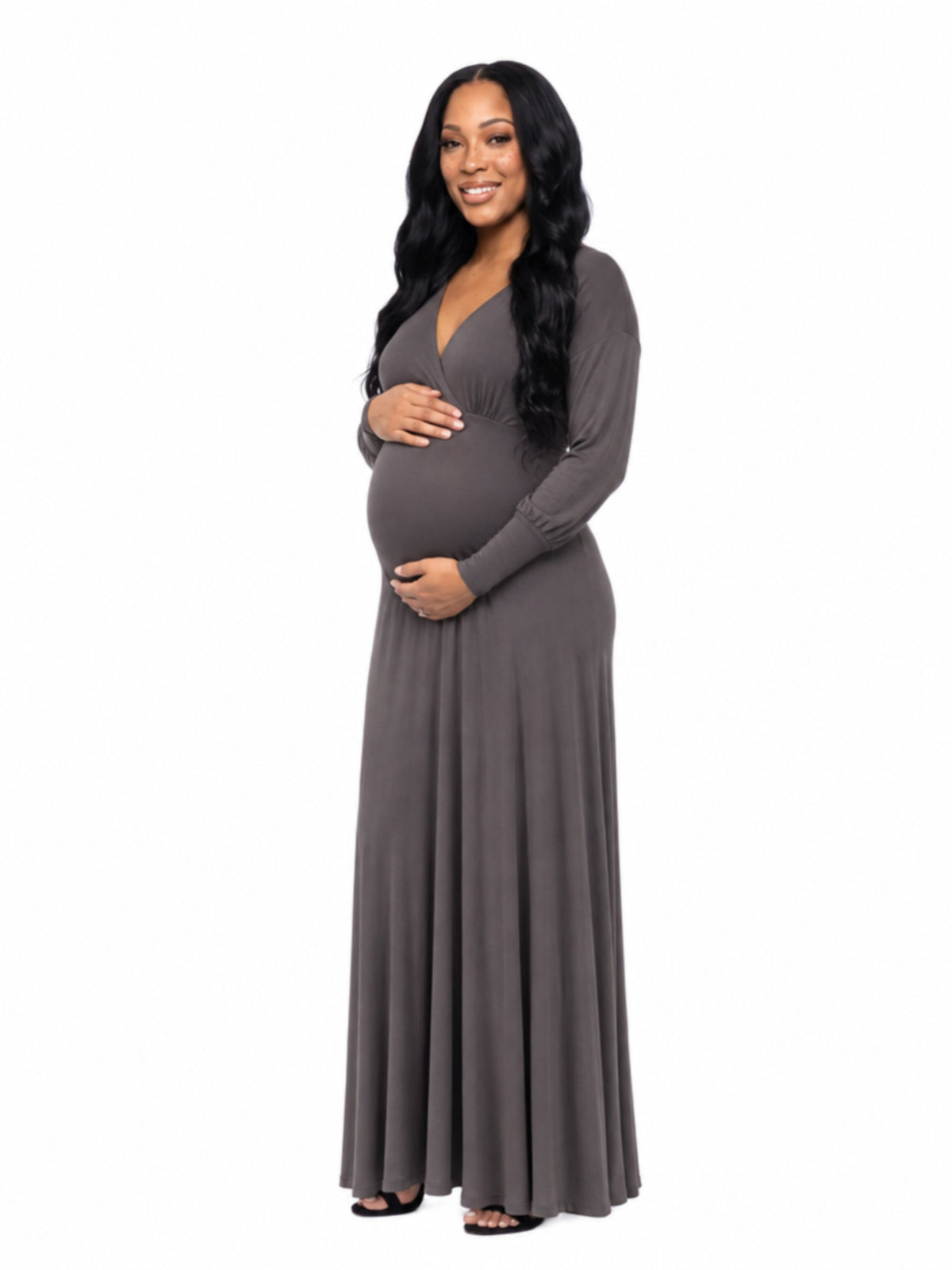 24seven Comfort Elevate Maternity V Neck Empire Waist Long Bishop Sleeve Maxi Dress