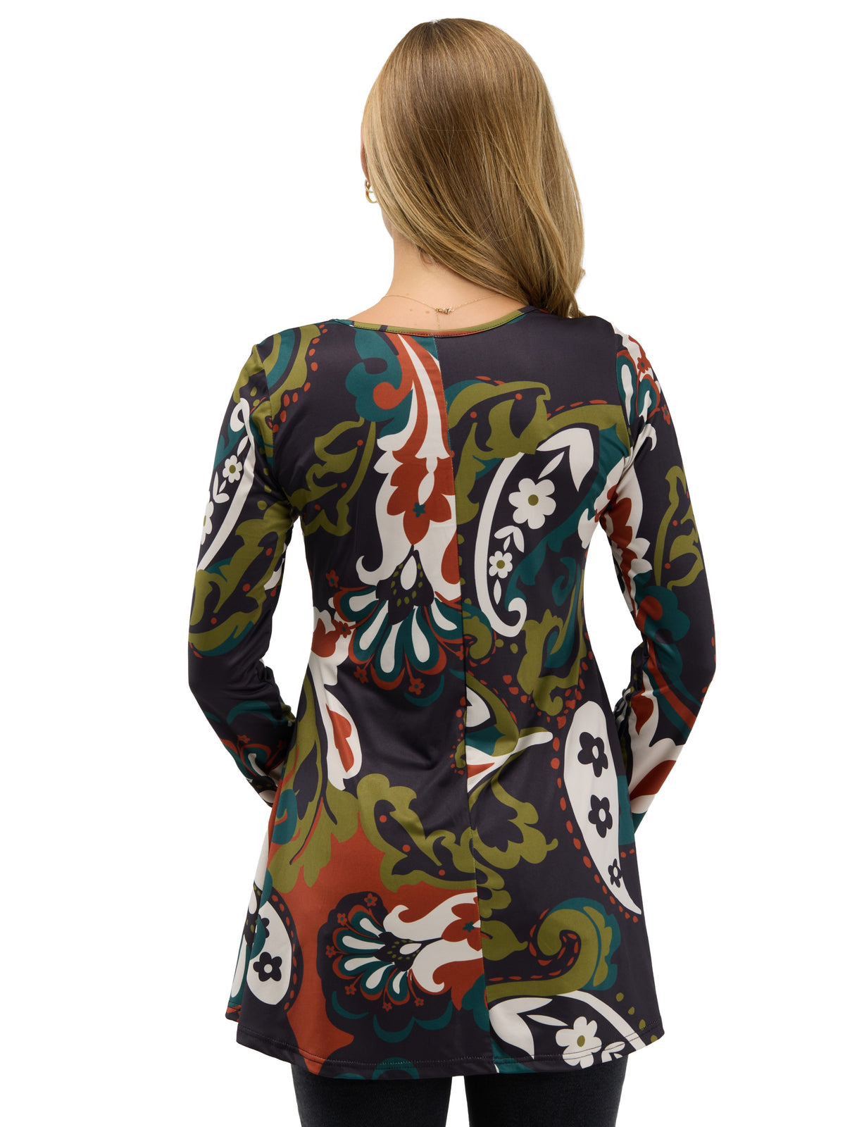 24seven Comfort Essential Womens Paisley Floral Flared Long Sleeve Henley Tunic Top