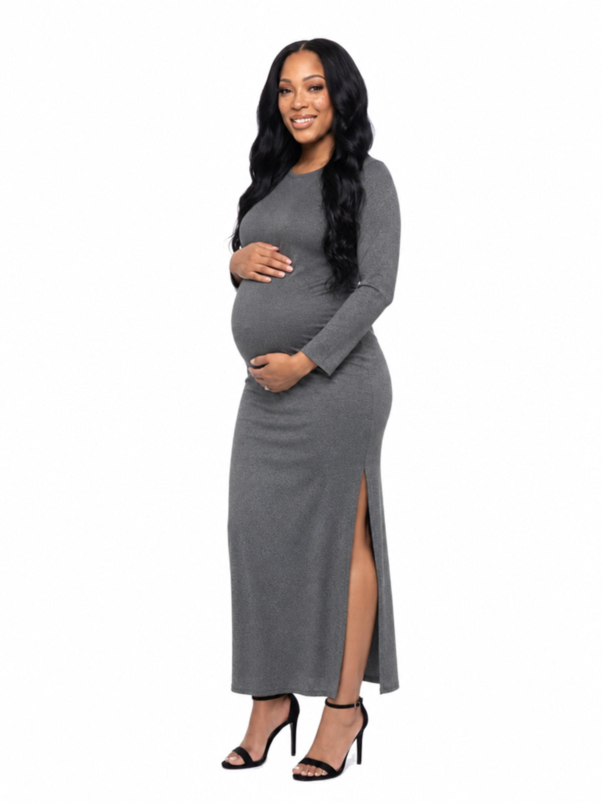 24seven Comfort Essential Maternity Long Sleeve Side Slit Fitted Black Maxi Dress